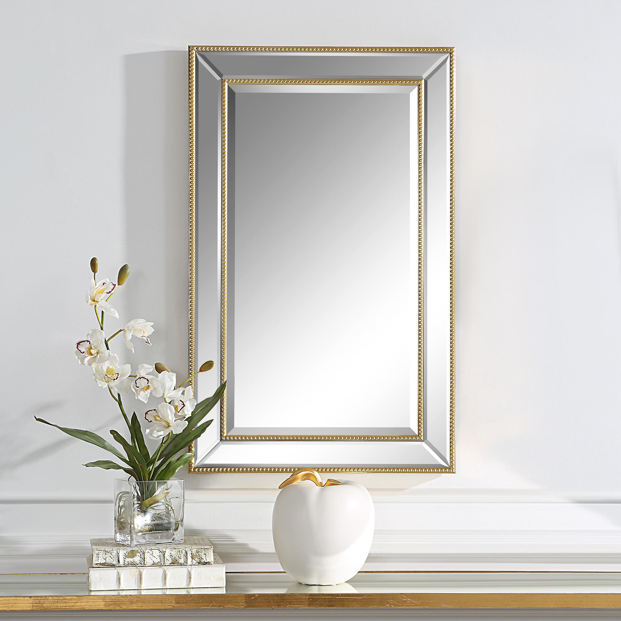 Elegant Gold Beaded Silver Wood Framed Vanity Mirror