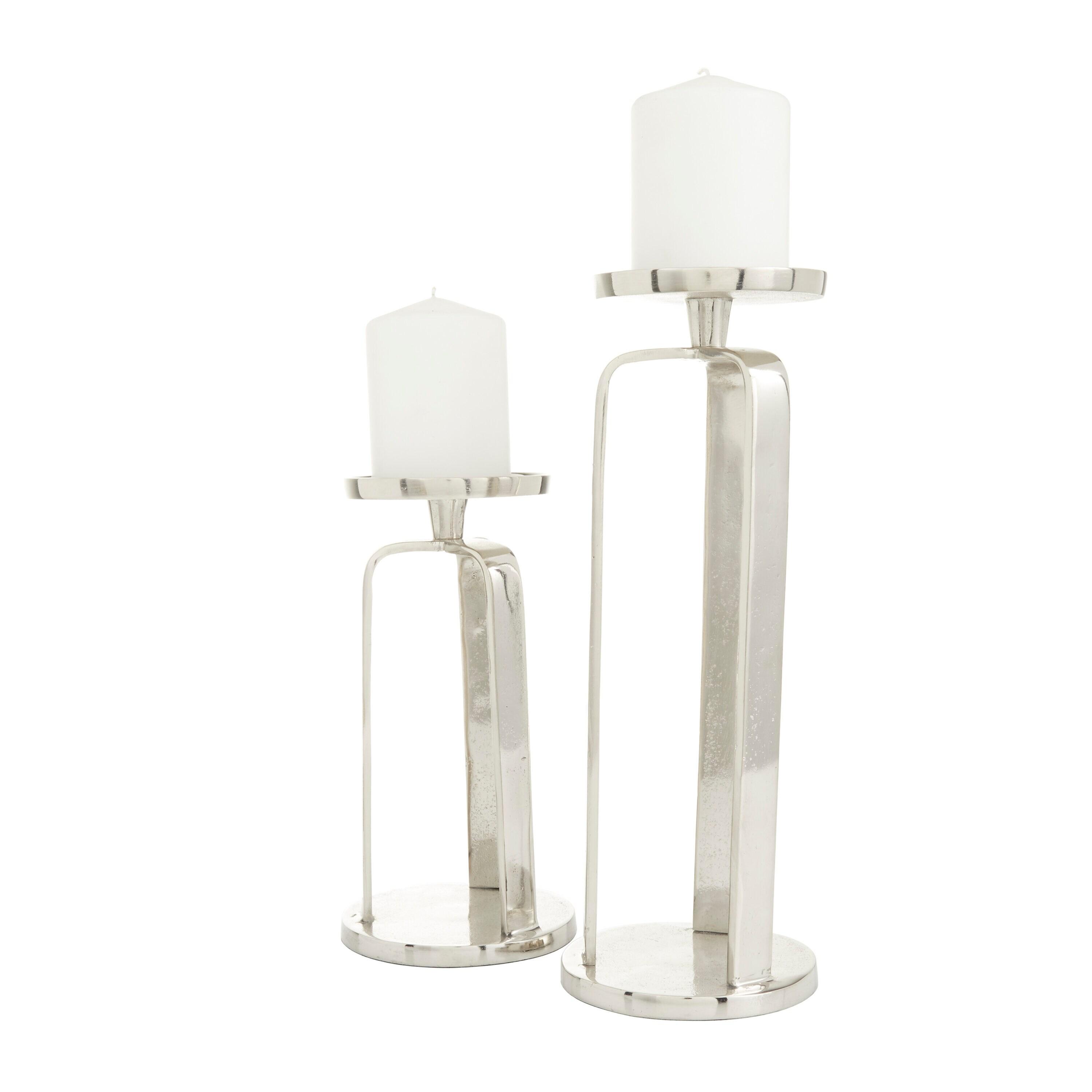 Contemporary Silver Aluminum Geometric Pillar Candle Holder Set