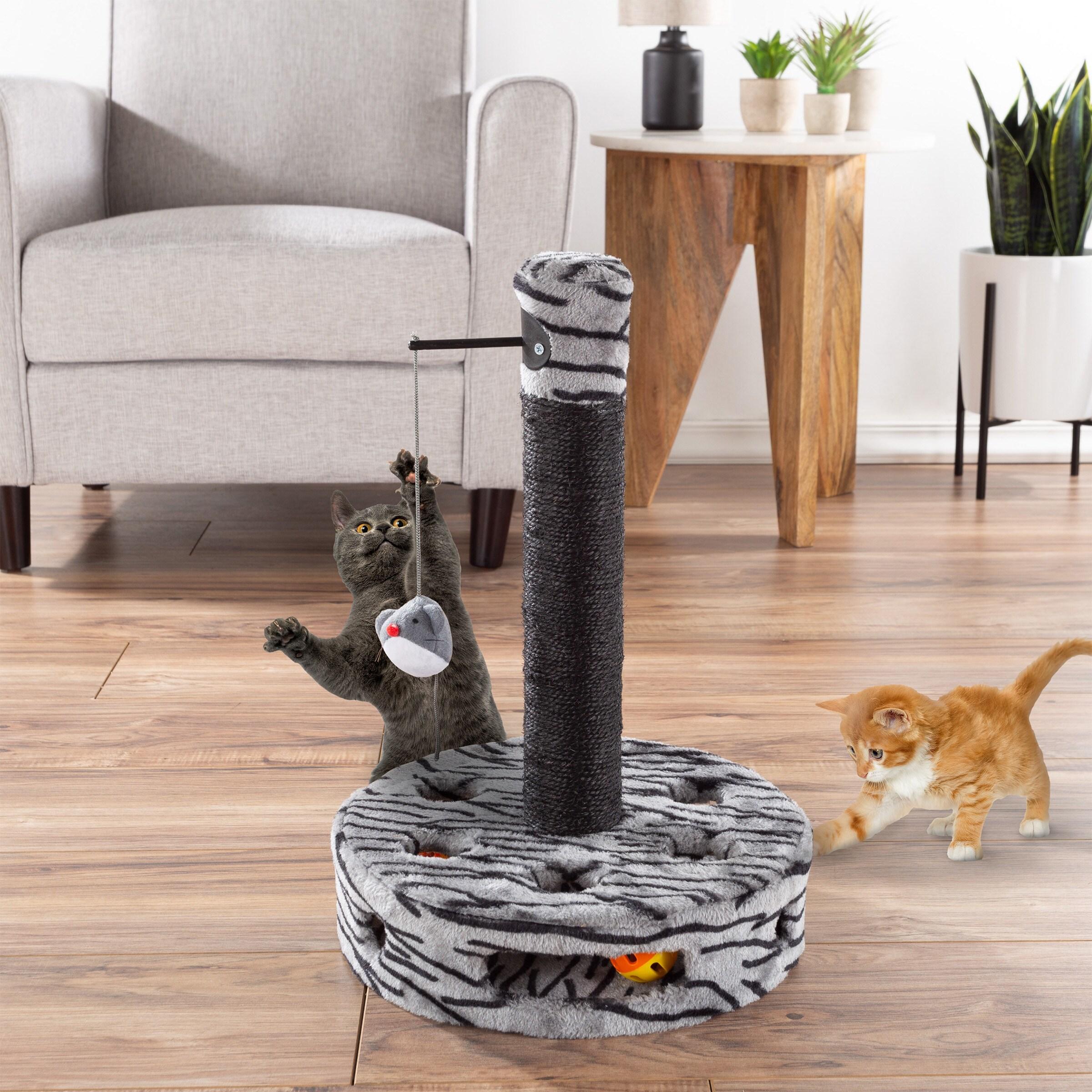 Pet Adobe Interactive Sisal Cat Scratching Post With Built-In Rolling Ball and Hanging Mouse Toy for Adult Cats and Kittens - Gray and Black