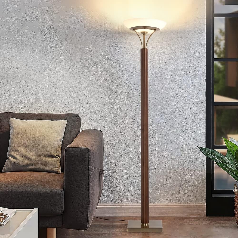 Dark Walnut and Weathered Brass Torchiere Floor Lamp with Glass Diffuser