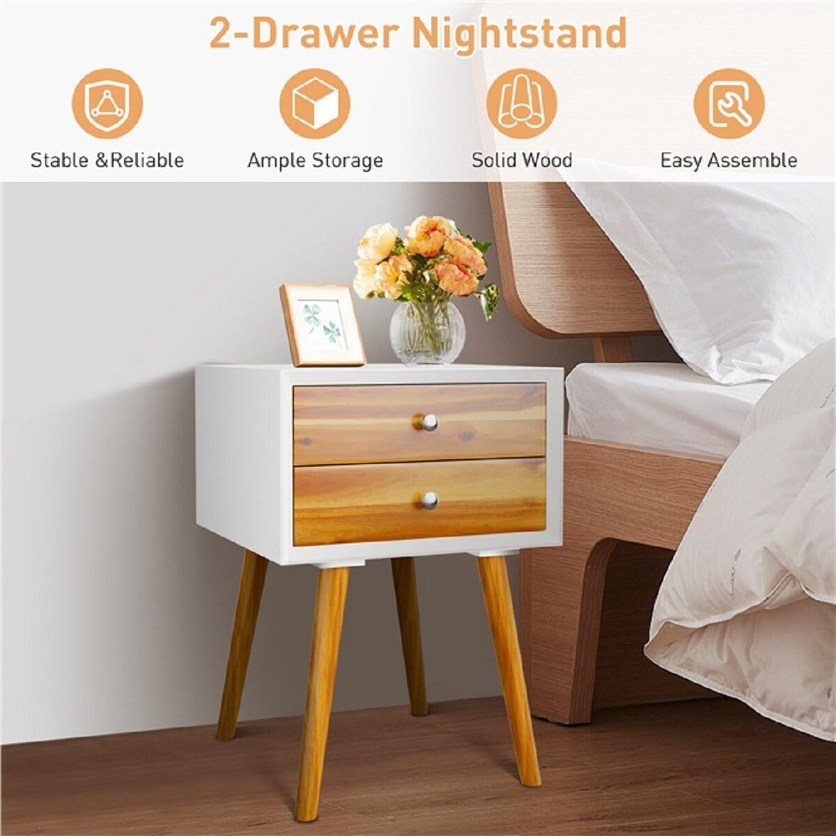 Giantex Mid Century Modern Nightstand, Wooden Bedside Tables w/ 2 Storage Drawers & Solid Wood Legs, Practical End Side Table for Living Room Bedroom, White & Walnut