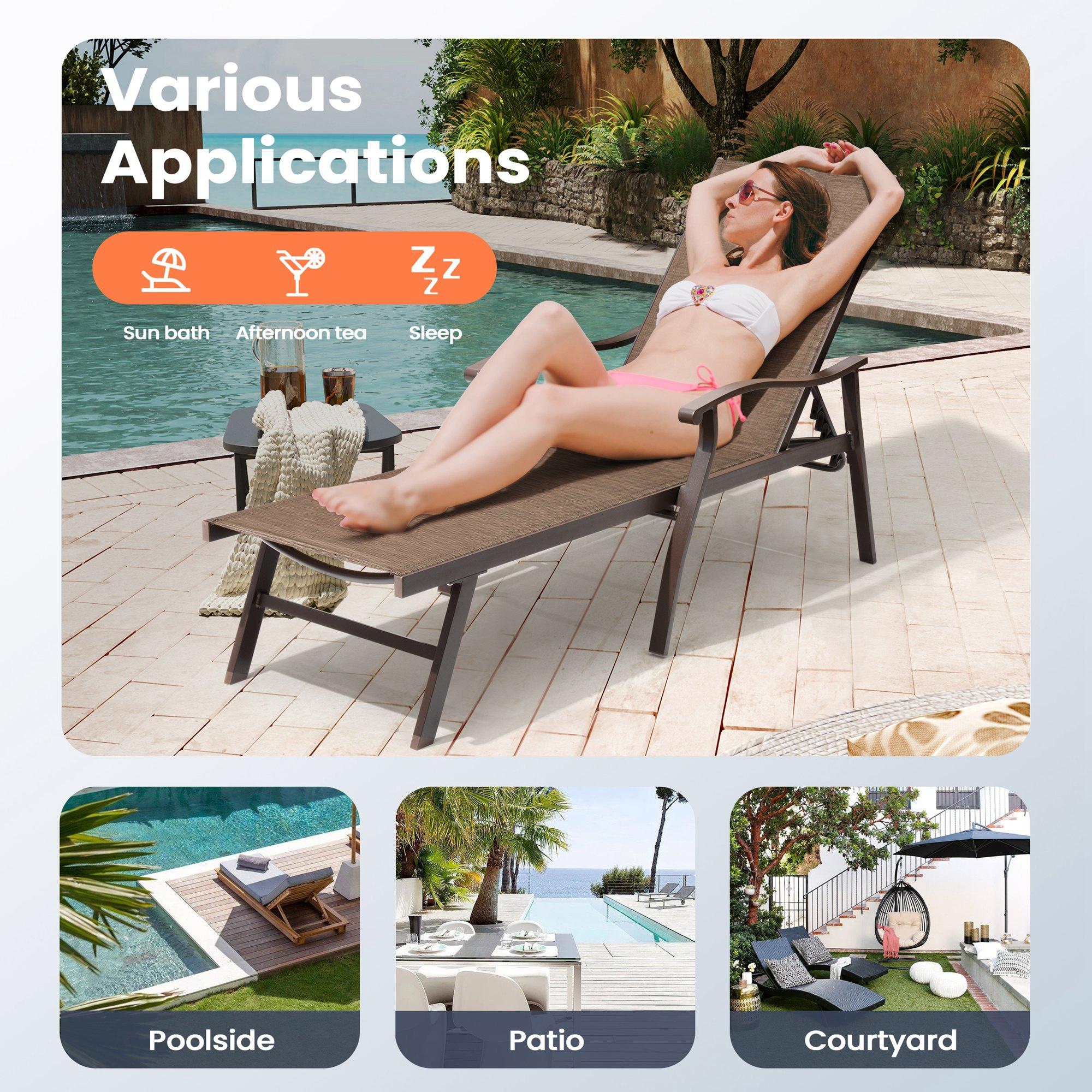 Outdoor Aluminum Adjustable Chaise Lounge Chair with Arms - Brown - Crestlive Products: Patio Furniture, Weather-Resistant