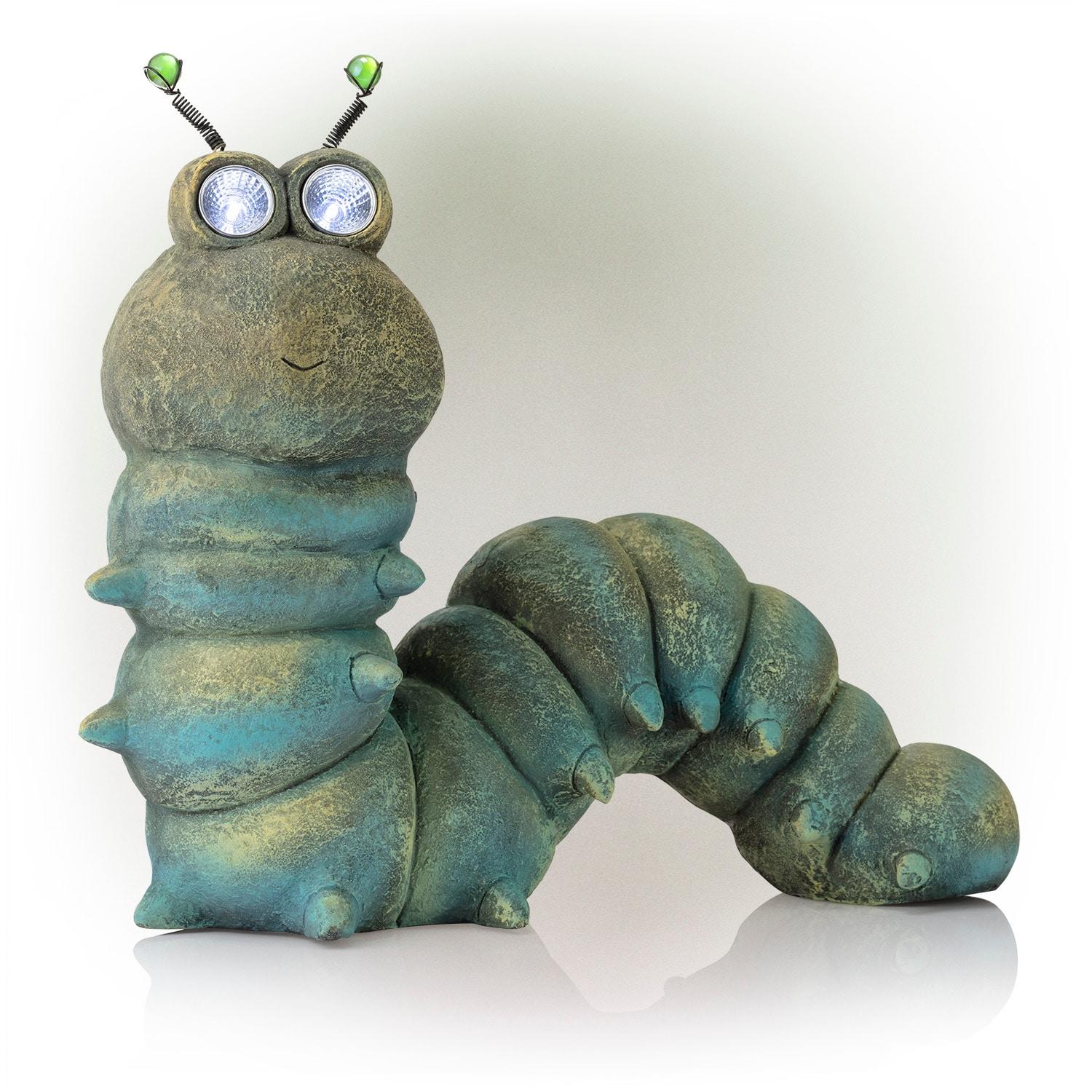 16-inch Green Solar-Powered Caterpillar Garden Statue with LED Eyes