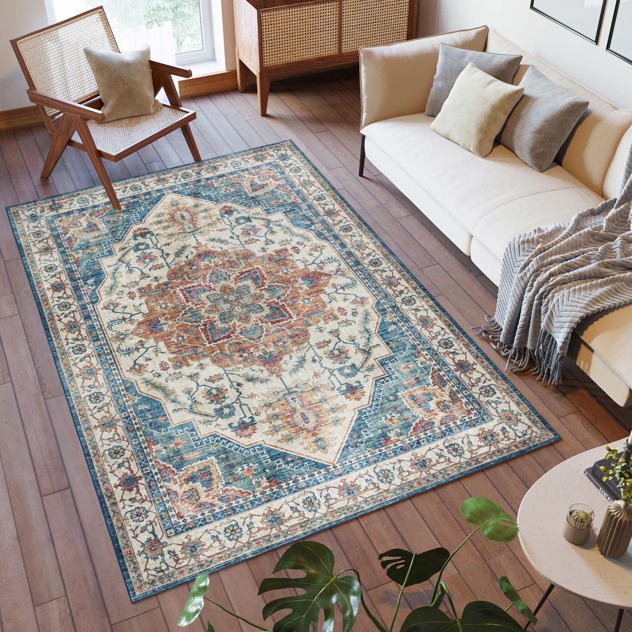 Gertmenian Crystal Print Tiefi Blue Red Multi Traditional Medallion Washable Flat Pile Indoor Area Rug