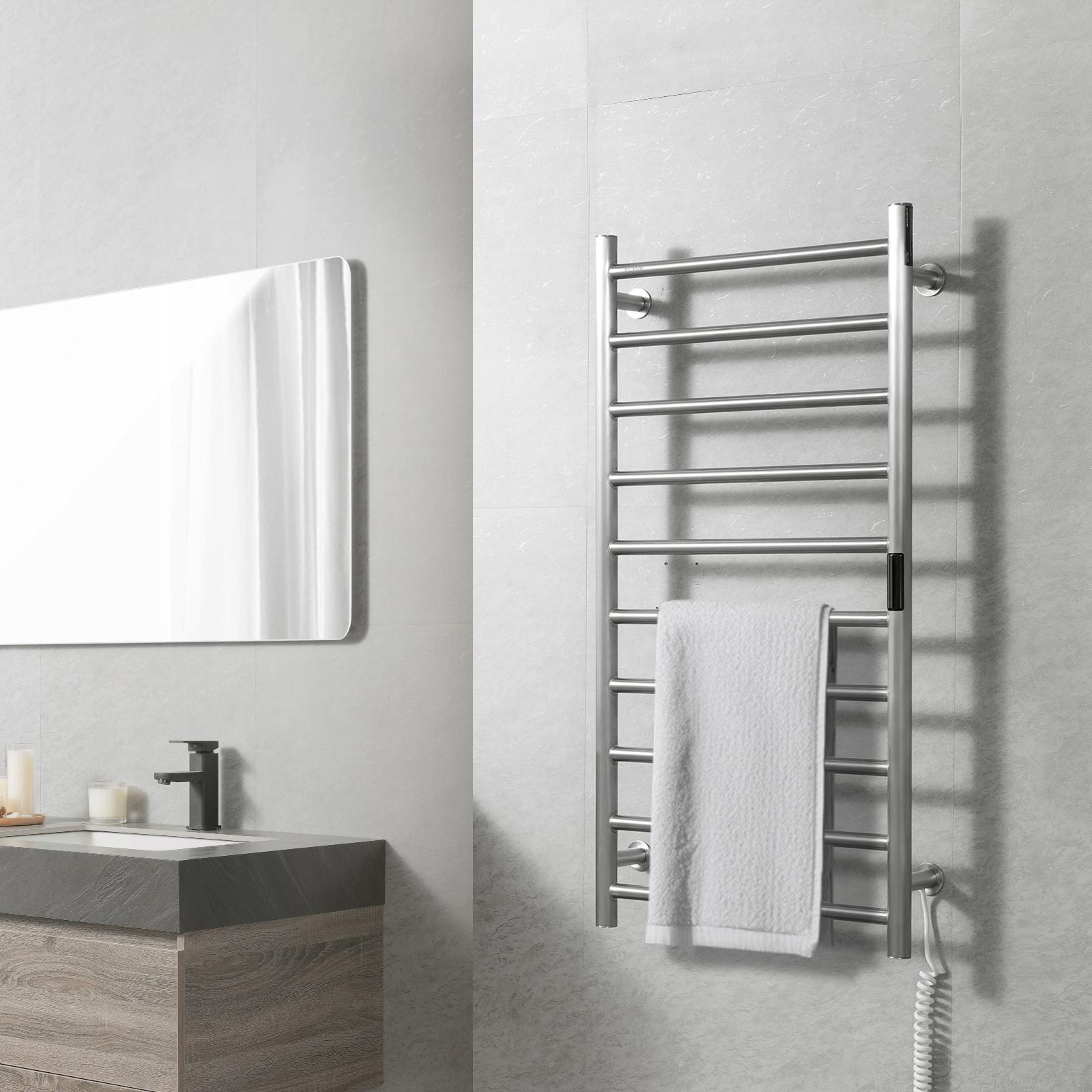 VEVOR 10 Bars Towel Warmer Rack, Wall Mounted Heated Towel Rack for Bathroom, IPX5 Waterpoof Towel Heater Rack with Timer & Display Screen, Silver