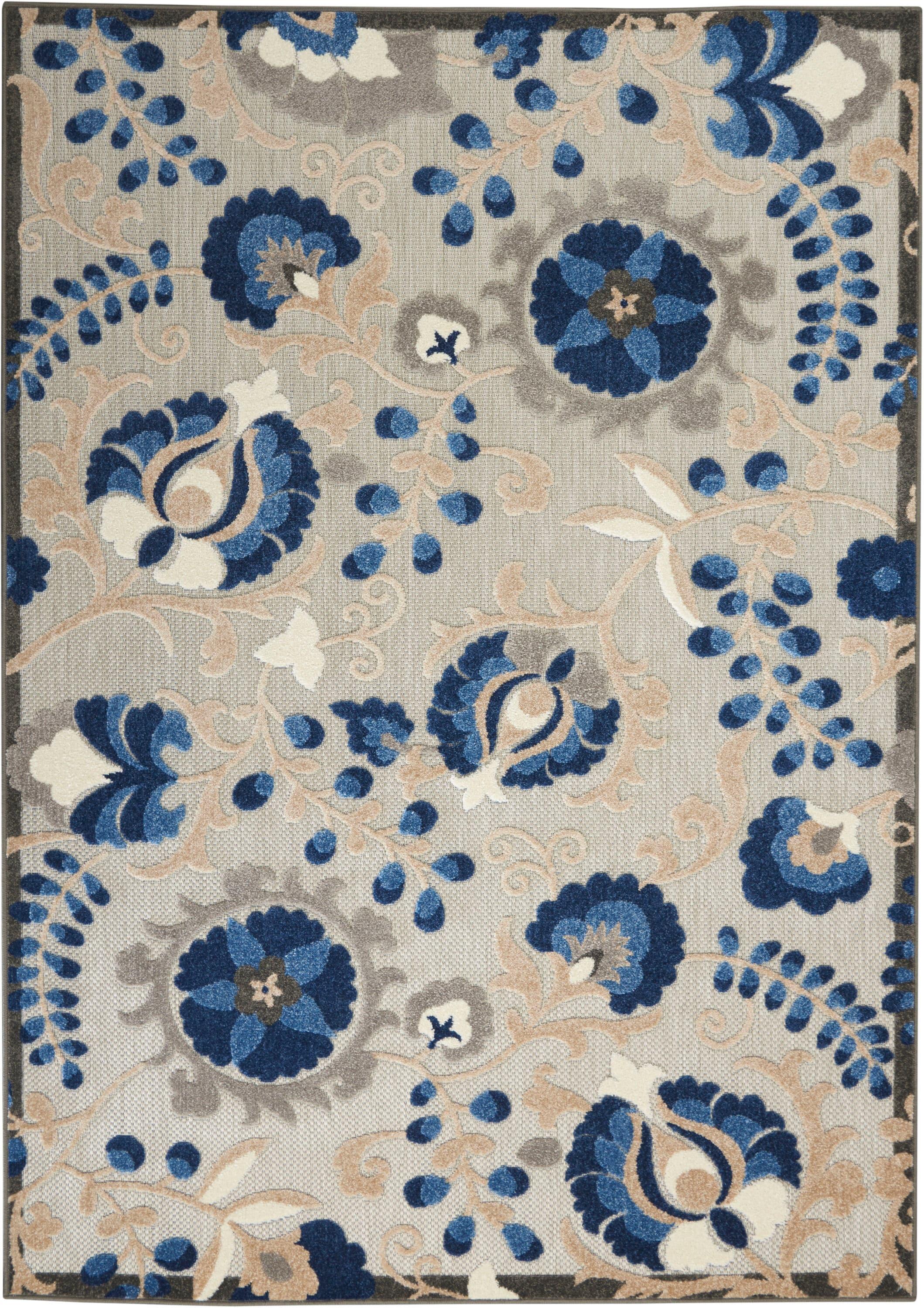 Nourison Aloha Floral Textured Flatweave High-Low Indoor Outdoor Area Rug Natural/Blue 3'6" x 5'6"