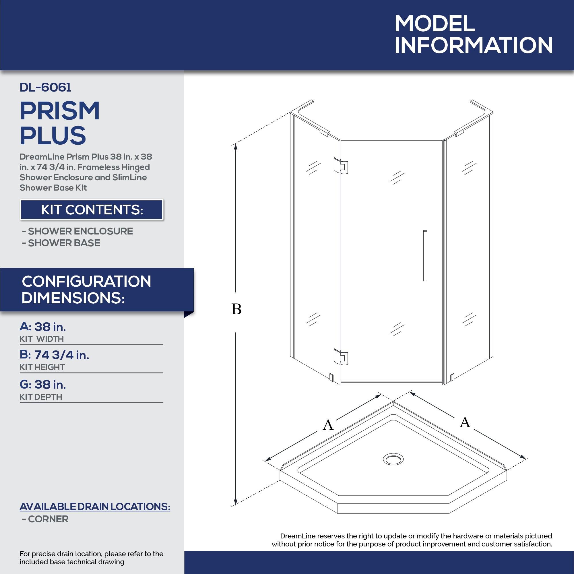 Prism Plus 38" W x 38" D x 74.75" H Frameless Neo-Angle Shower Enclosure with Base Included