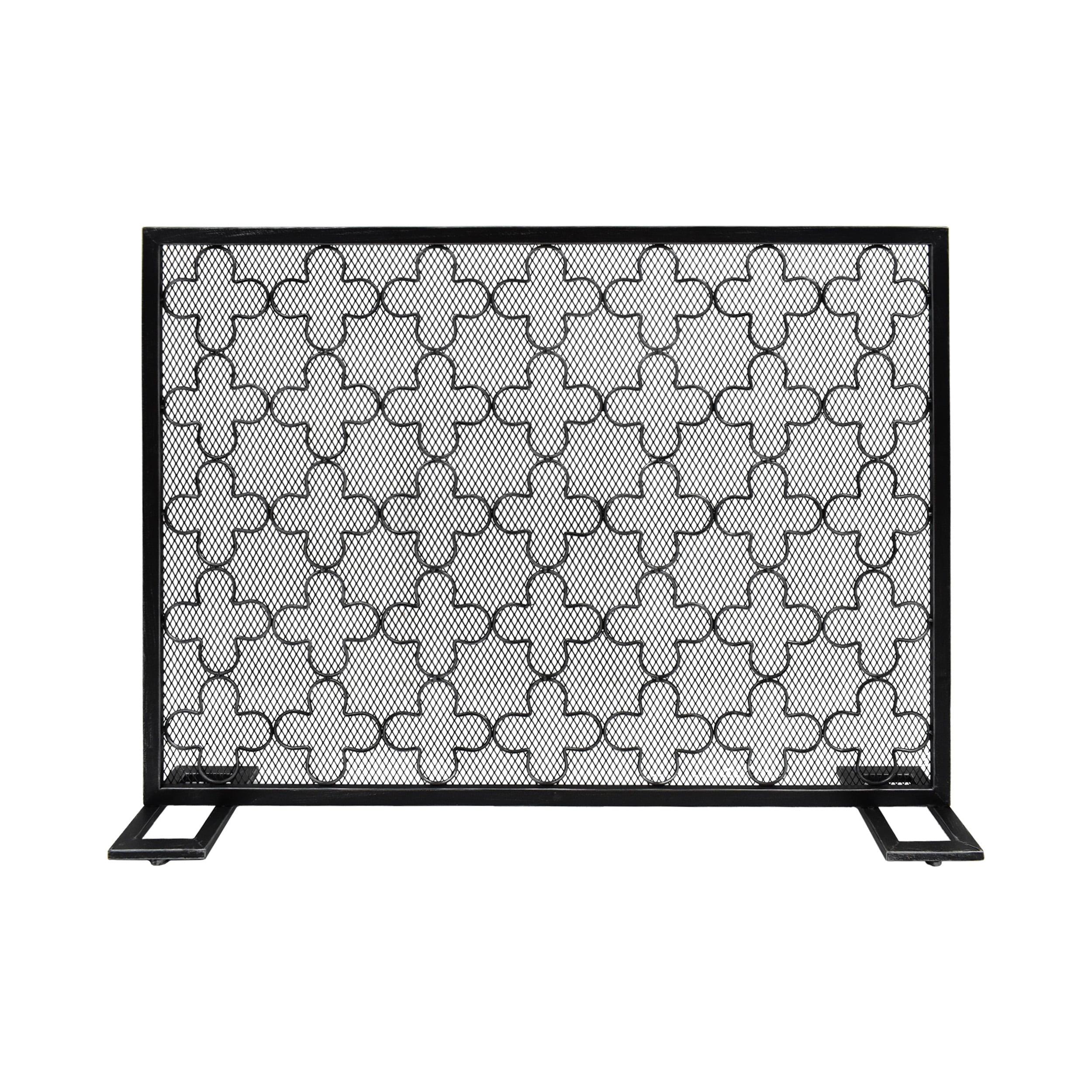GDF Studio Pepperwood Modern Single Panel Iron Fireplace Screen, Black Brushed Silver