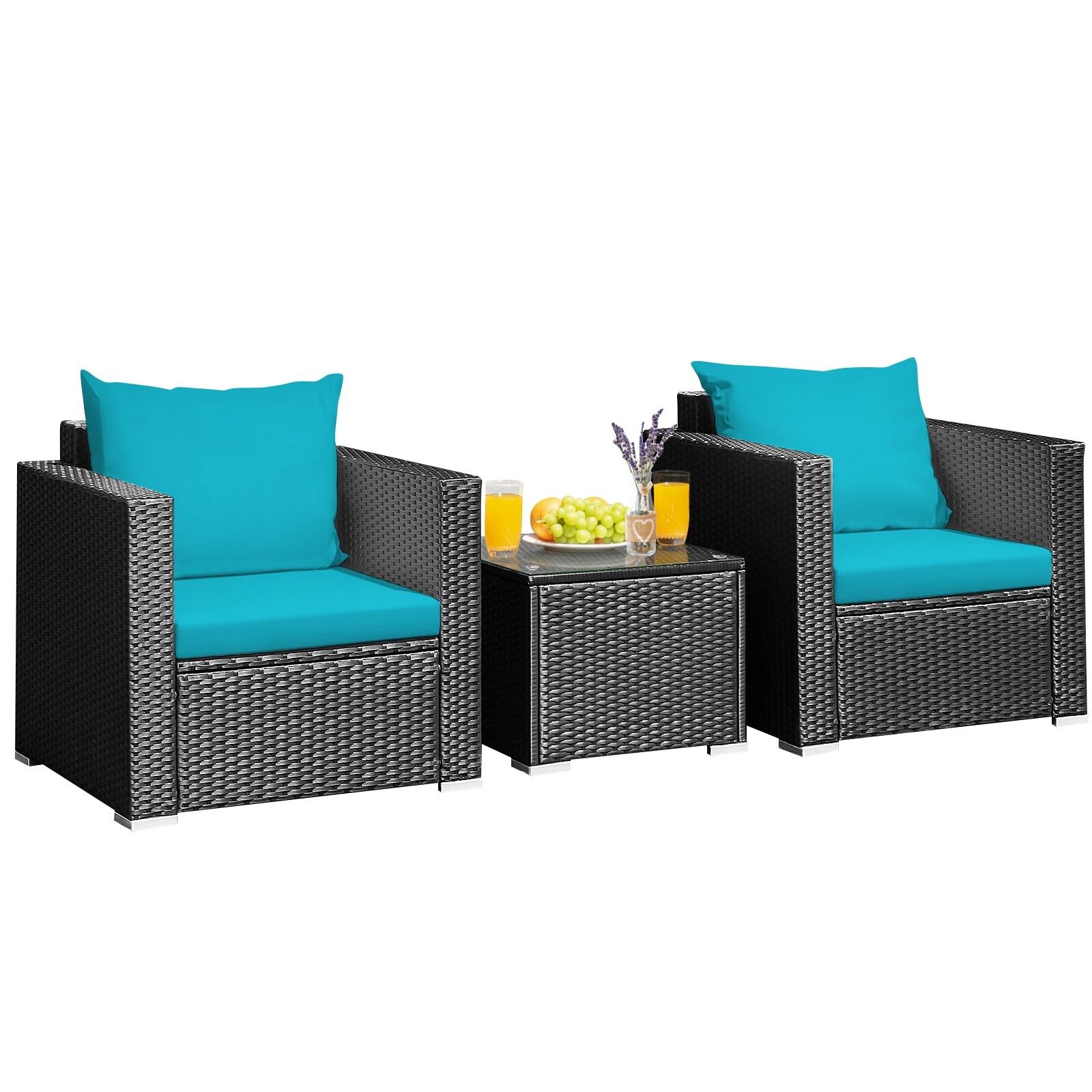 Resenkos 3 Pieces Patio Wicker Conversation Set, Outdoor Furniture Garden Conversation Bistro Sets with Coffee Table and Cushions-Black
