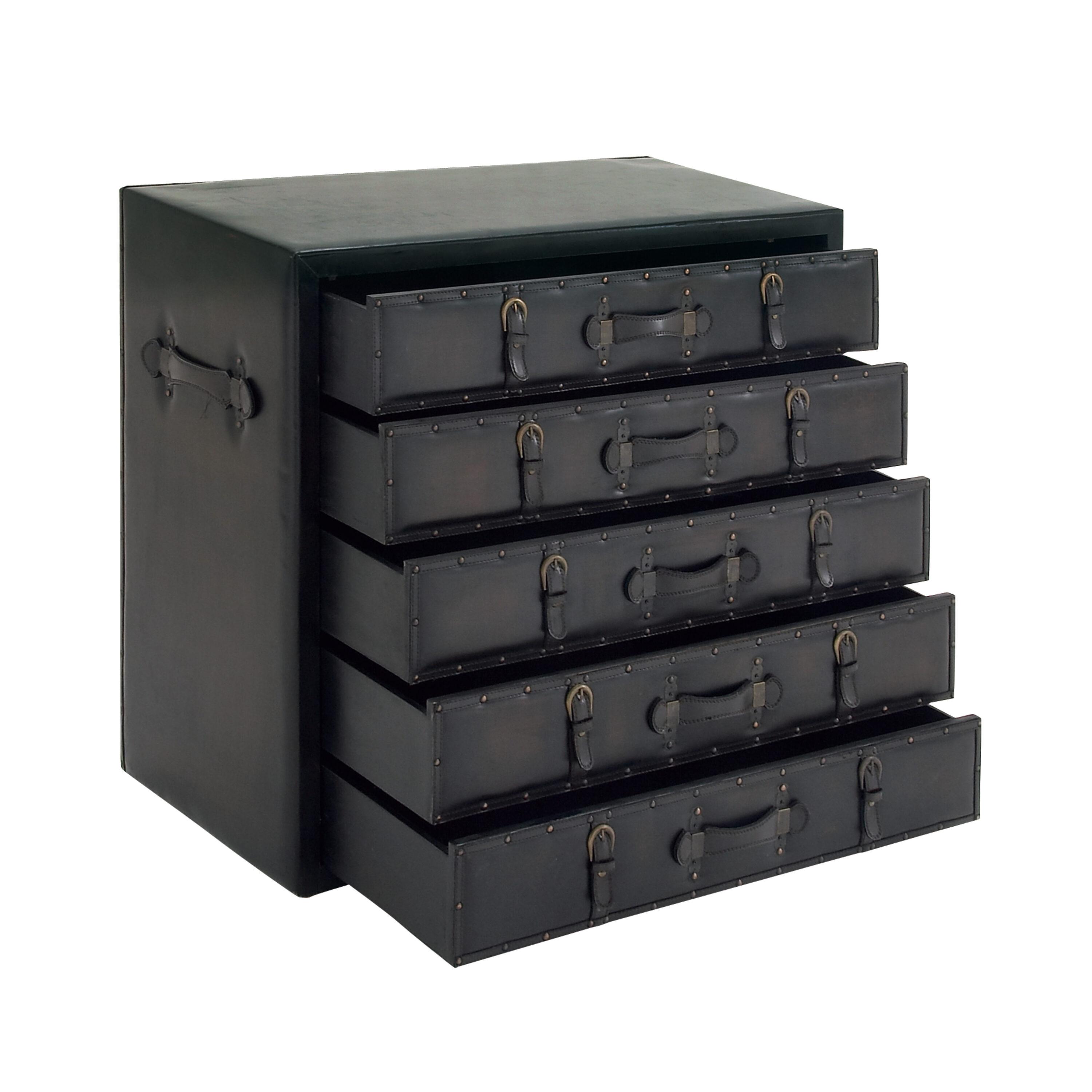 DecMode 36" x 32" Black Wood Vintage Faux Leather Chest with Buckles and Straps Detailing, 1-Piece