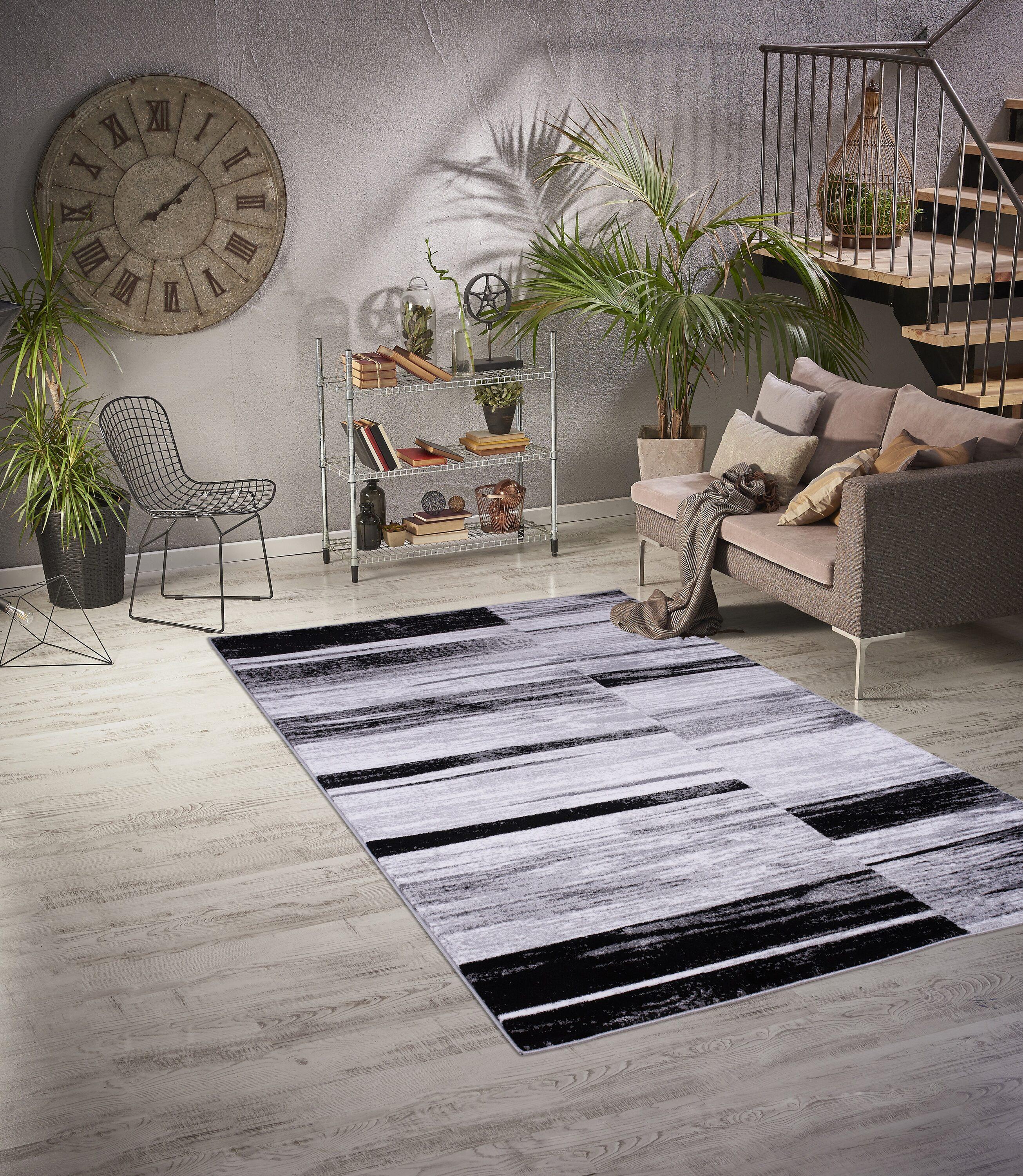 MDA Home Anatolia 5'x8' Stripe Transitional Fabric Area Rug in White/Black