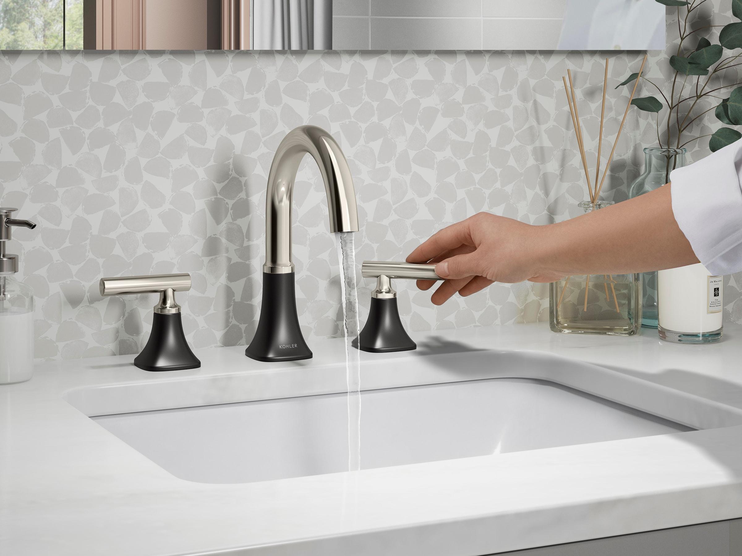 KOHLER Rill Matte Black/Polished Nickel Widespread 2-Handle WaterSense Bathroom Sink Faucet with Drain