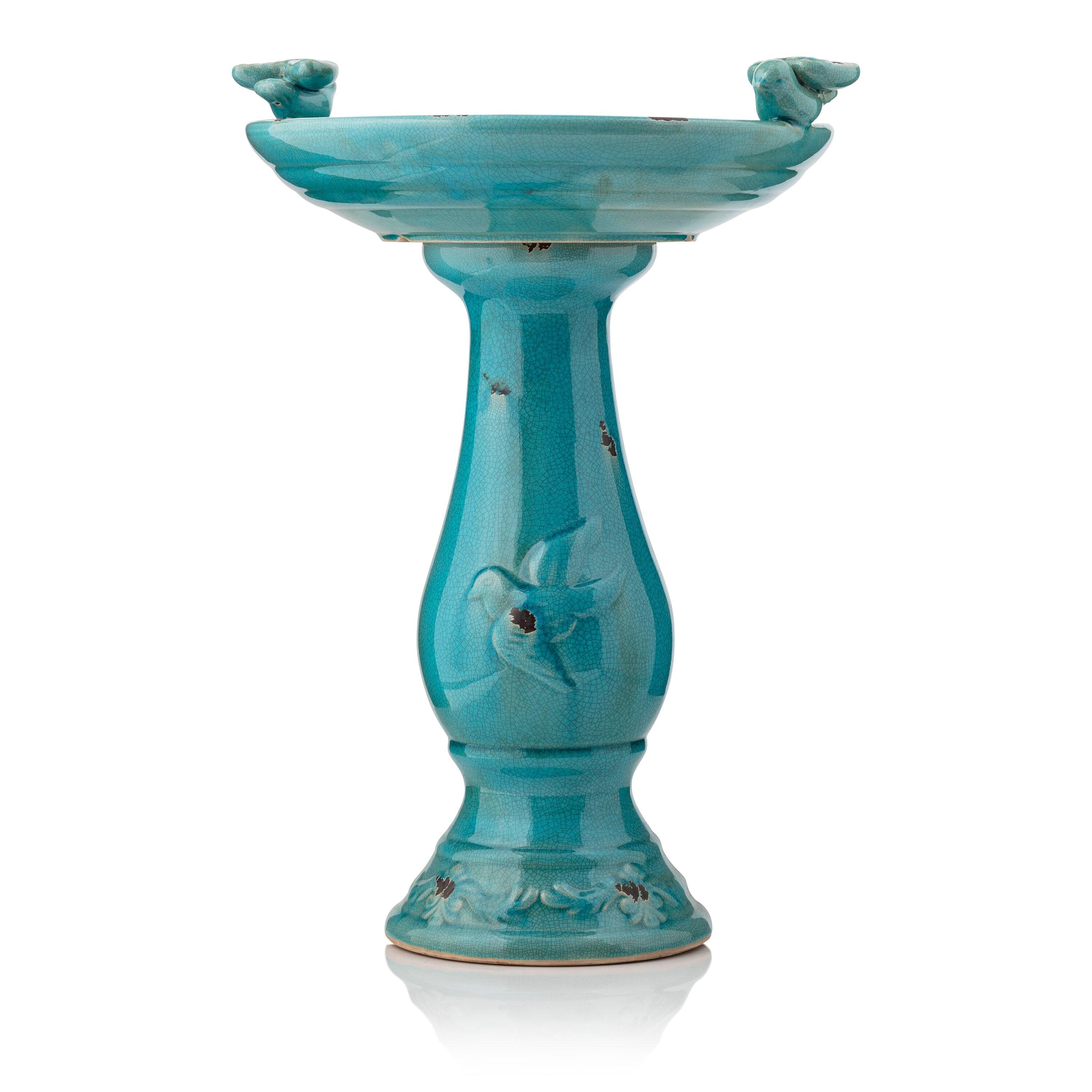 Alpine Corporation Ceramic Pedestal Bird Bath with Bird Figurines, Turquoise