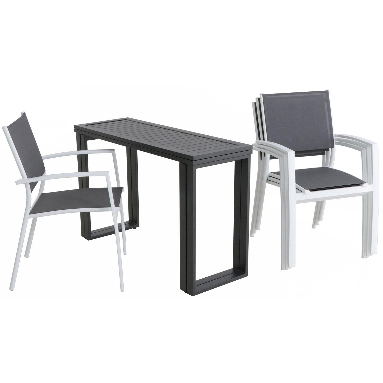 Hanover Conrad 5-Piece Compact Outdoor Dining Set | 4 Stackable Sling Chairs | Slat-Top Convertible Folding Table | Modern Design | Durable Aluminum Frame | White/Gray | CONDN5PC-WHT