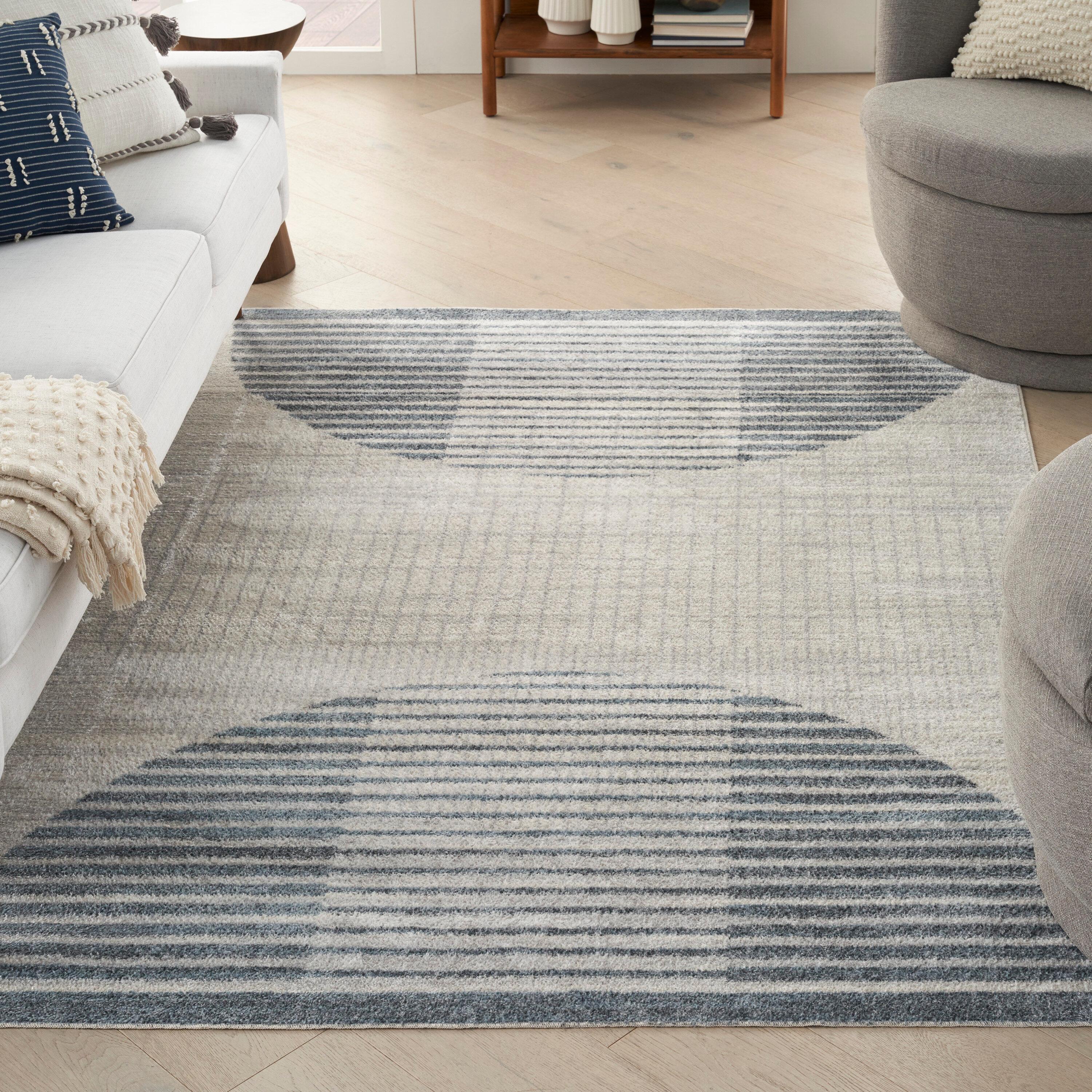 Nourison Astra Machine Washable Semi Circles Mid-Century Modern Indoor Rug Ivory Blue 5'3" x 7'