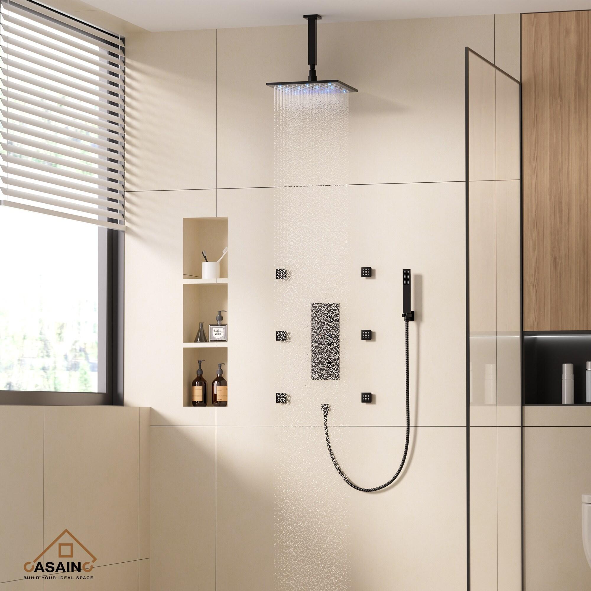 3-Function Luxury Ceiling Mount 12 Inch LED Thermostatic Shower System with 6 Body Jets