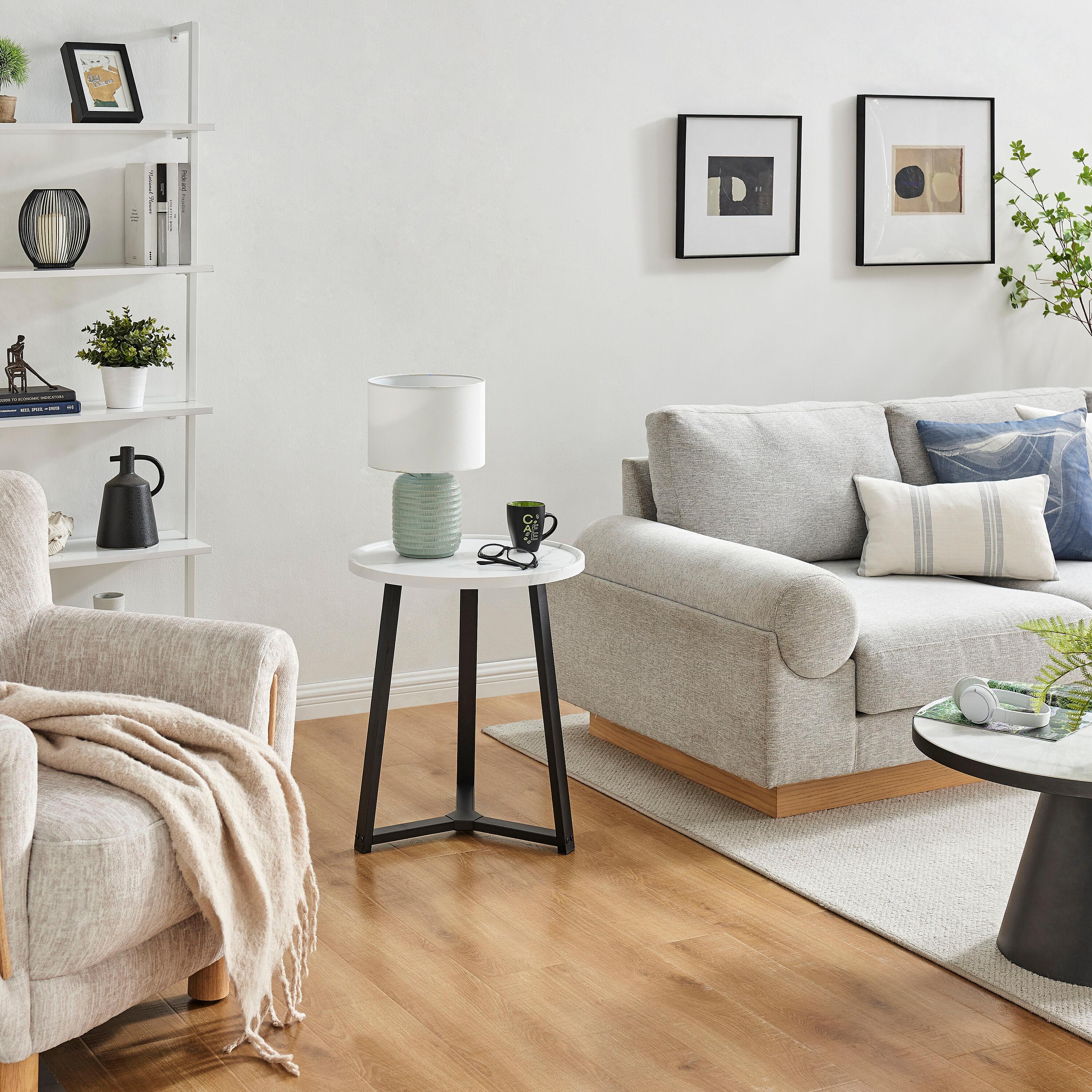 Danya B. 23.3"x19.7" Harper Round Mid-Century Side Accent Table with Modern Pedestal Legs White Marble/Black: Chic Furniture for Living Room