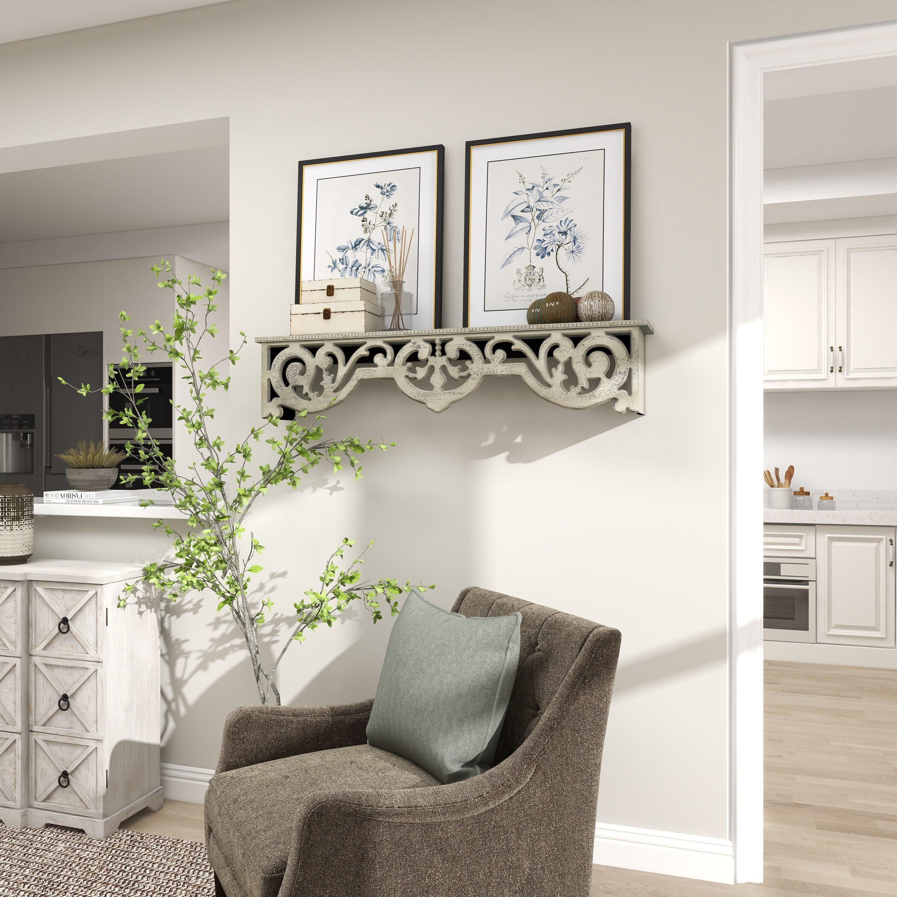 DecMode 48" x 8" 1-Tier Beige Scroll Wall Shelf with Gray Distressing