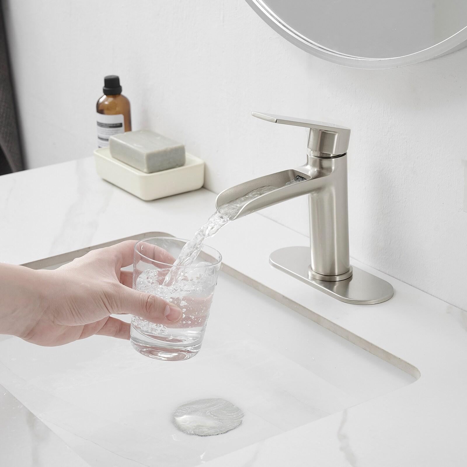 BWE Bathroom Faucets Waterfall Bathroom Faucet with Pop Up Drain for Bathroom Sink Single Hole Farmhouse RV Bathroom Basin Faucet Brushed Nickel