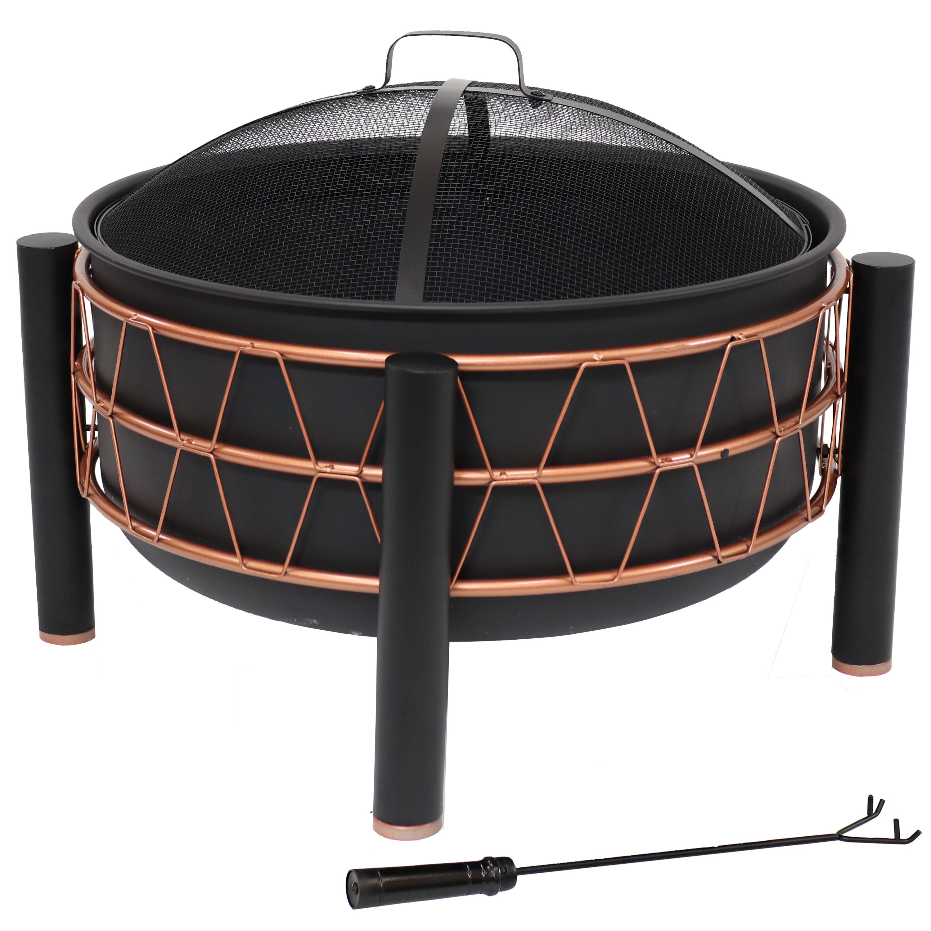 Sunnydaze Steel Fire Pit with Bronze Trapezoid Pattern and PVC Cover - 24.5" Round - Black