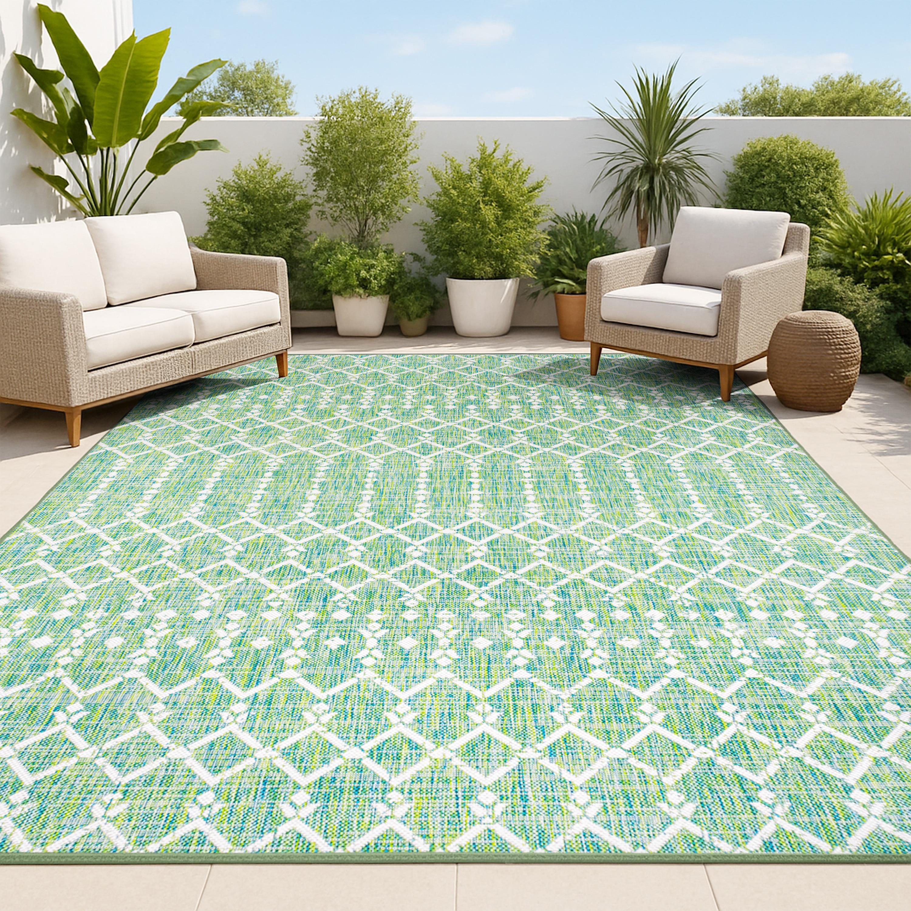 3' x 5' Ourika Moroccan Geometric Textured Weave Indoor/Outdoor Area Rug, Green/Cream - JONATHAN Y