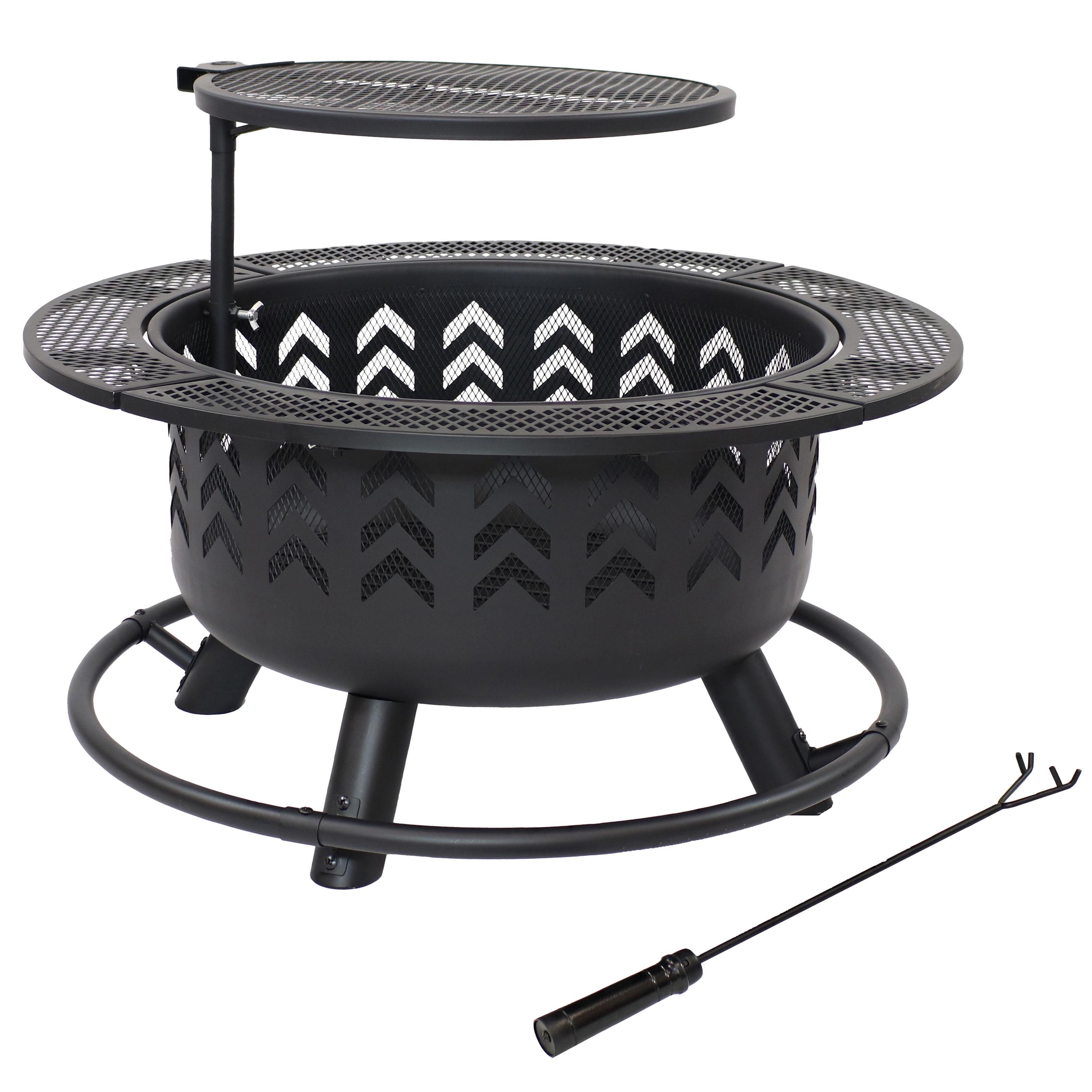 Sunnydaze Arrow Motif Heavy-Duty Steel Fire Pit with Cooking Grate, and PVC Cover - 32-Inch Round - Black