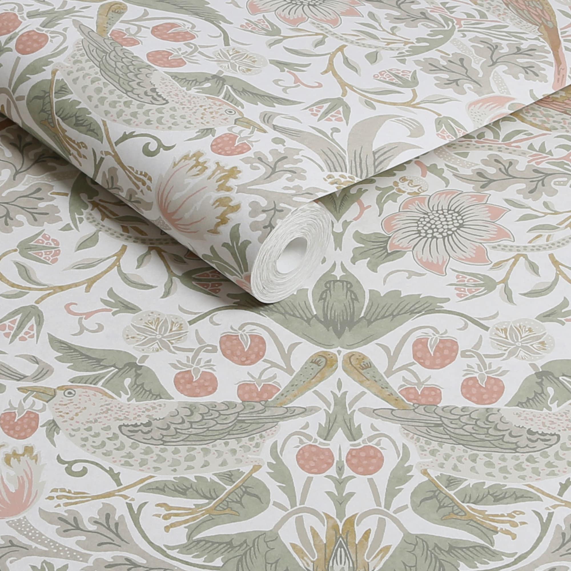 William Morris at Home Strawberry Thief Sage & Pink Wallpaper