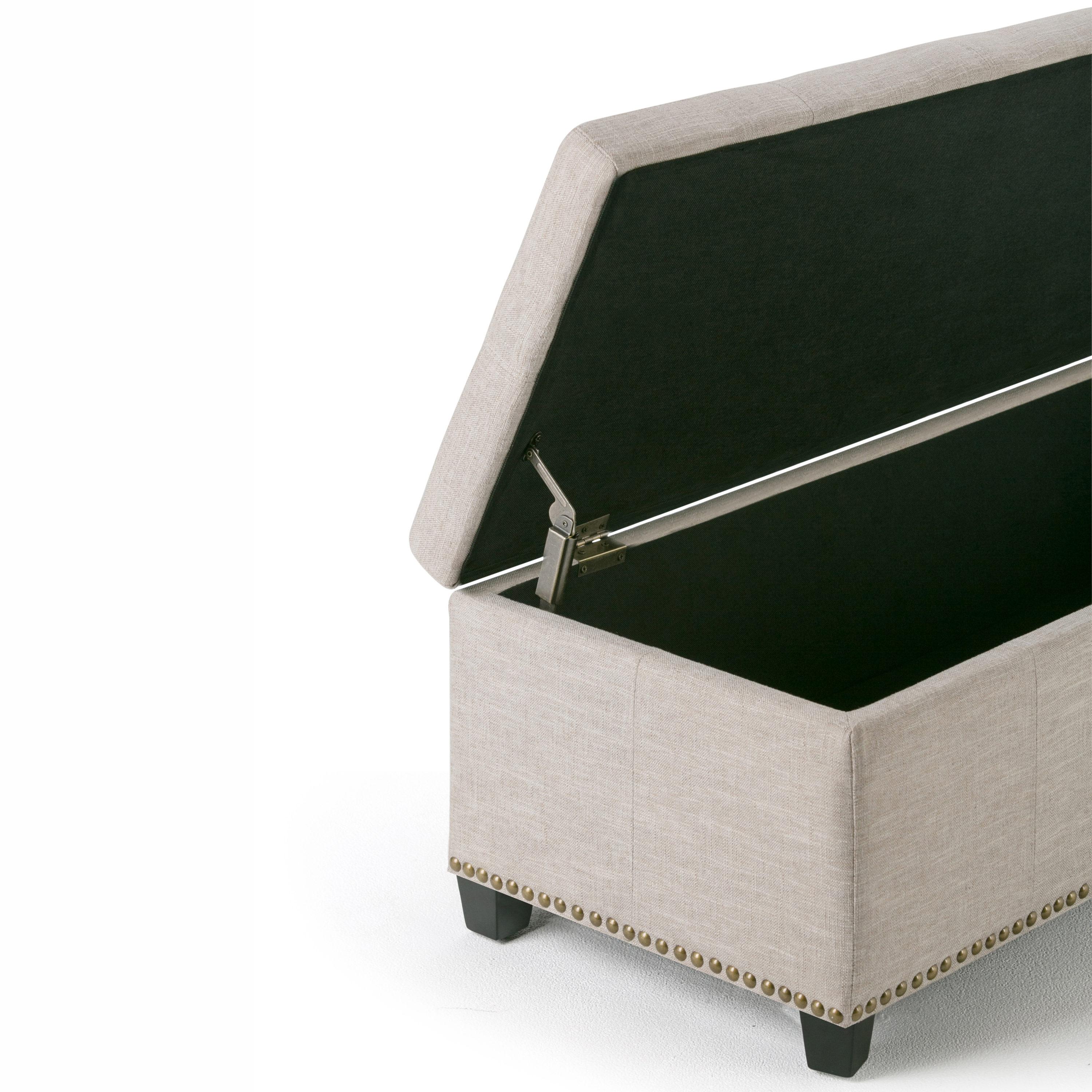 Simpli Home Kingsley 48"W Upholstered Storage Ottoman with Lift-Top Lid, Nailhead Trim, and Stitching Detail