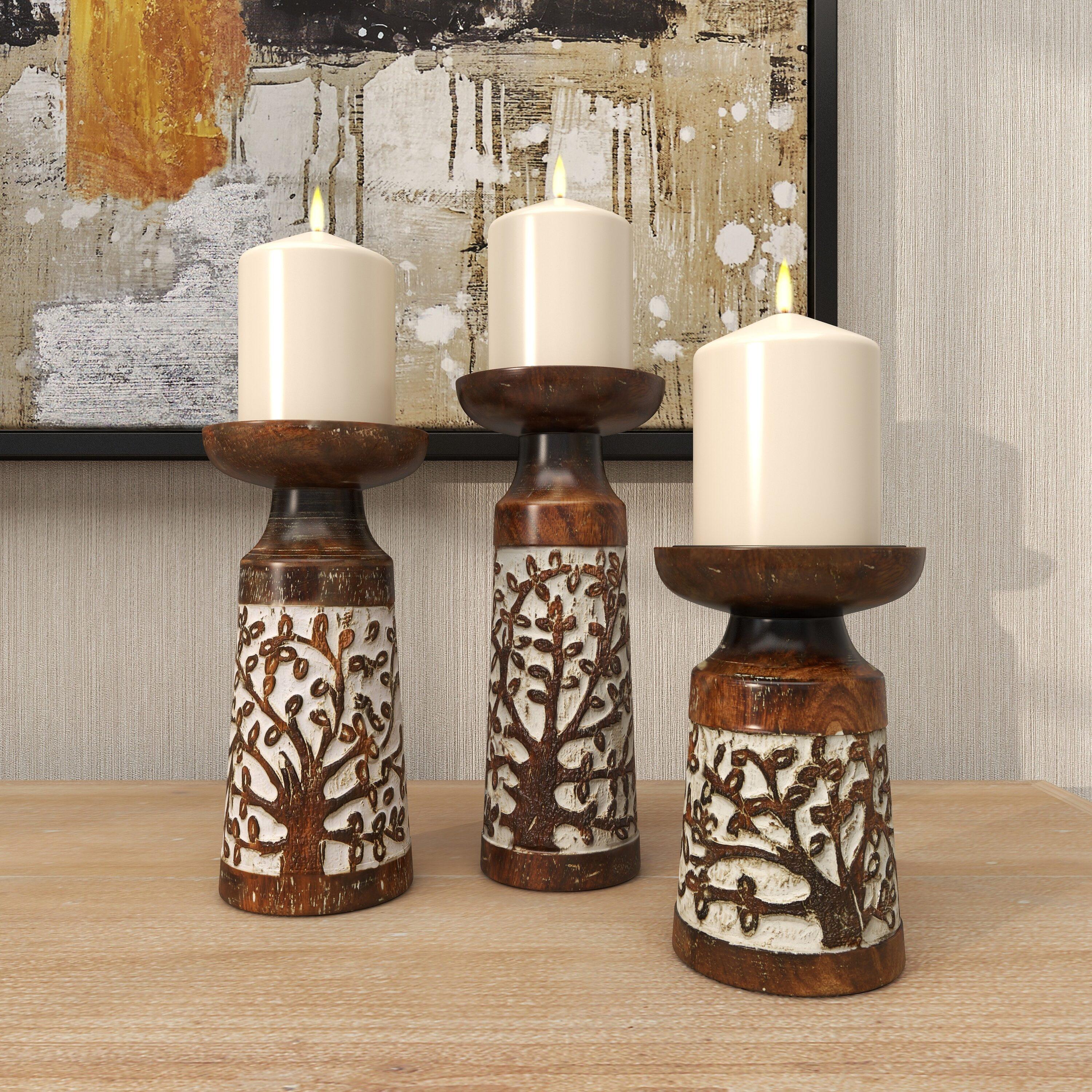 DecMode 3 Candle Brown Mango Wood Handmade Candle Holder, Set of 3