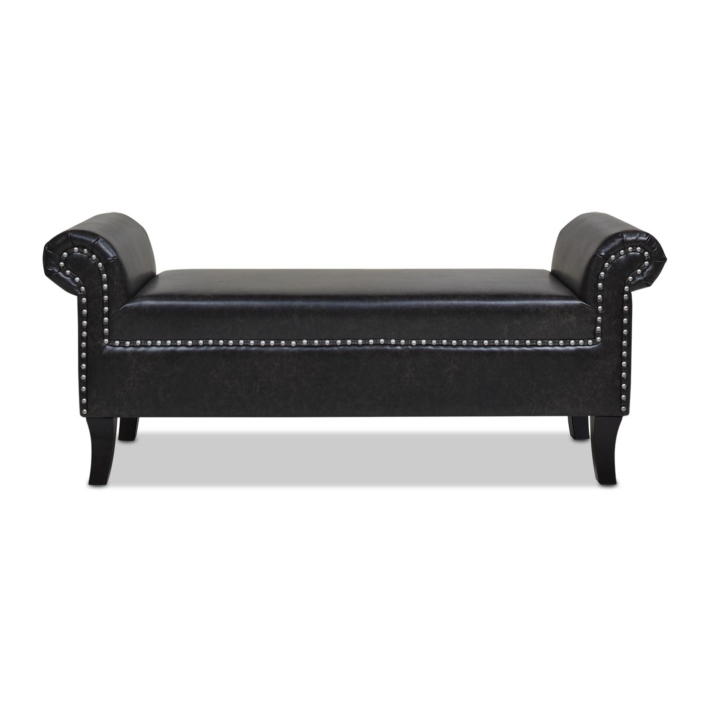Kathy Roll Arm Entryway Accent Bench Vintage Black Brown Faux Leather