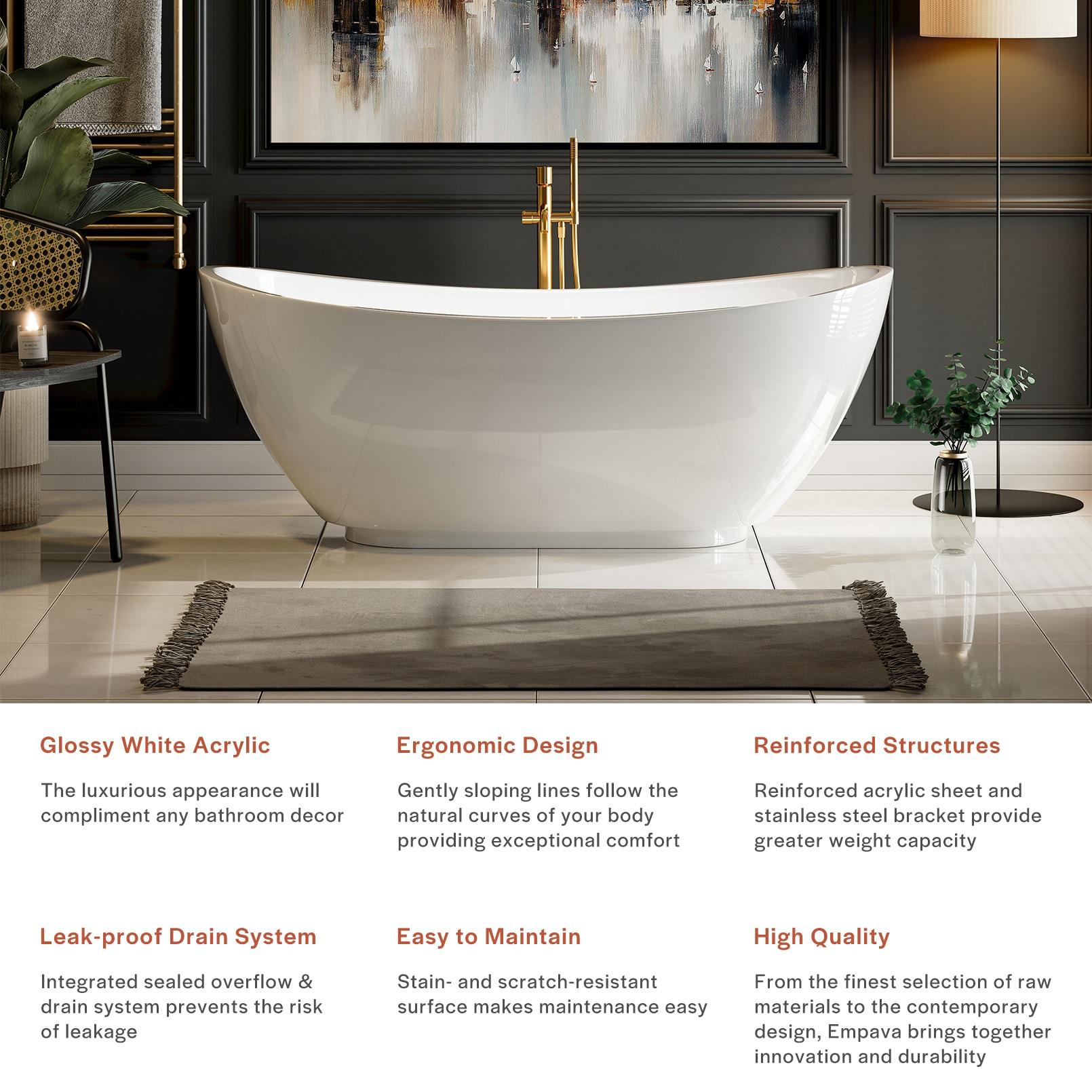 Empava 69" Freestanding Bathtub, Luxury Acrylic Soaking Tub, Modern Stand-Alone Design, Glossy White , cUPC Certified