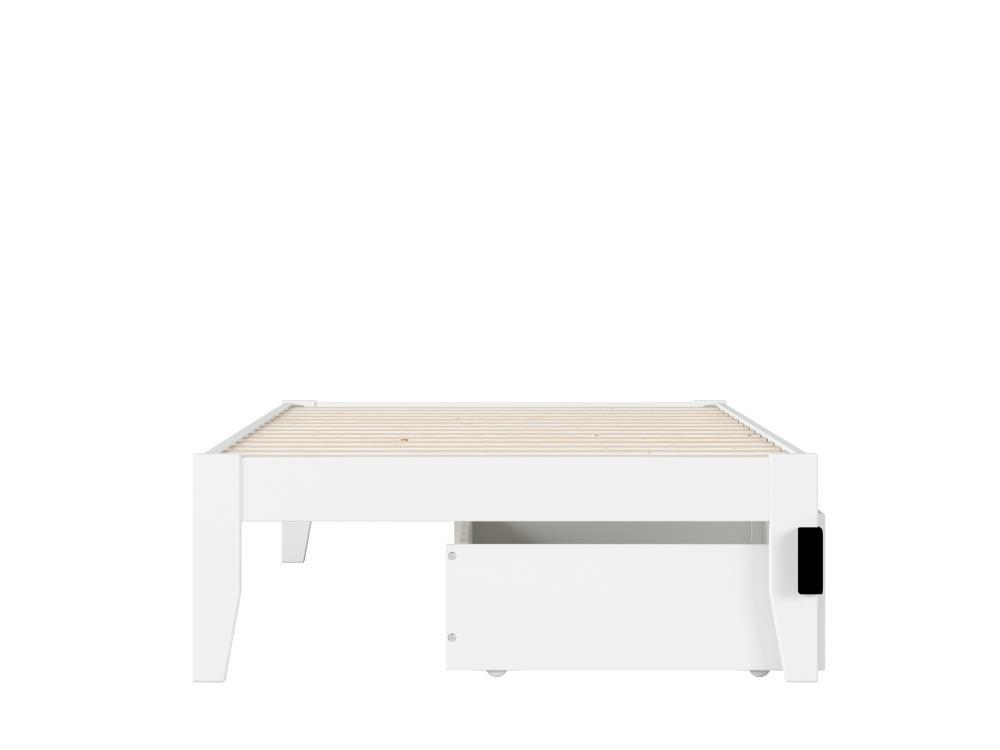 White Twin Platform Bed with Storage Drawers and USB Charger