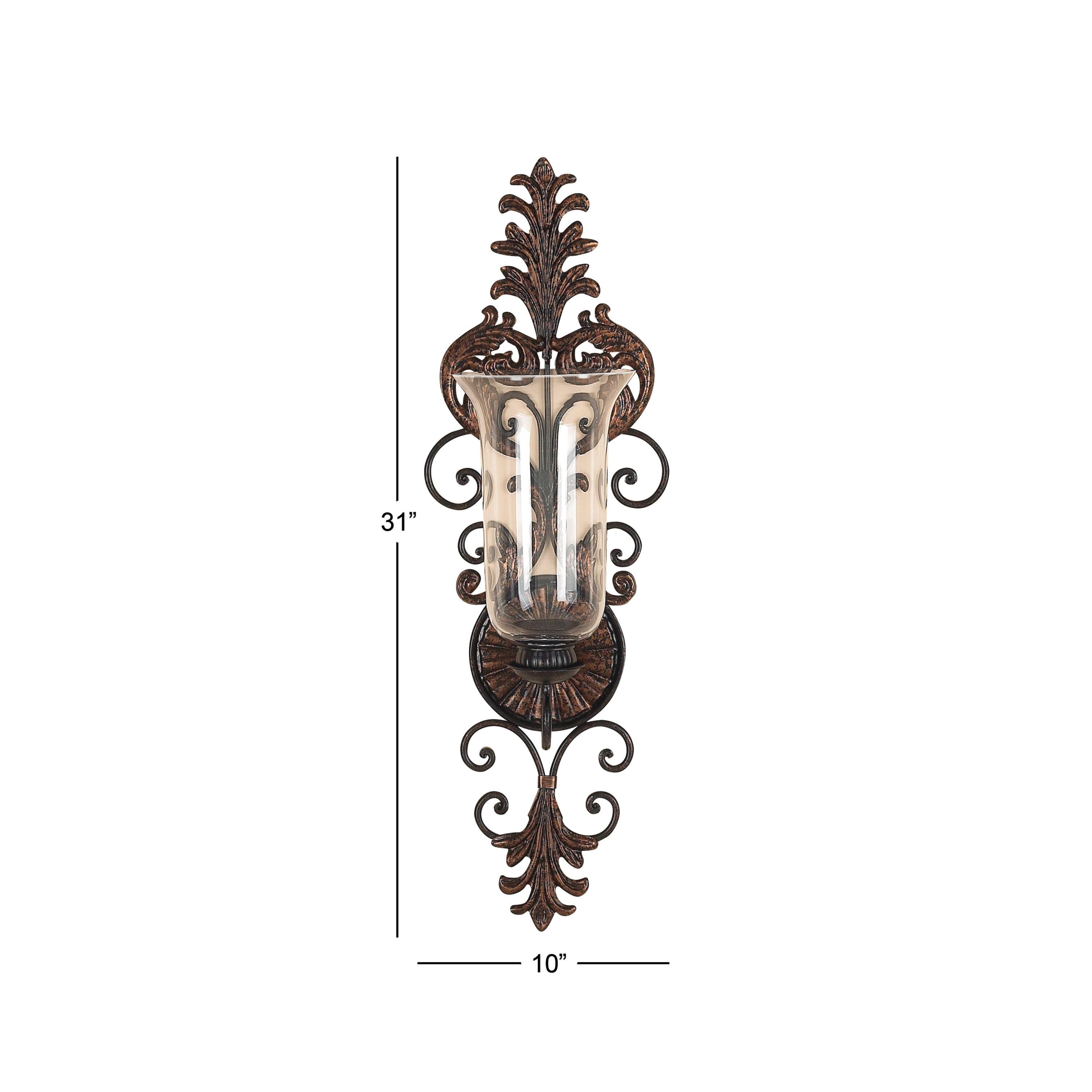 DecMode Bronze Glass Wall Sconce with Scroll Designs