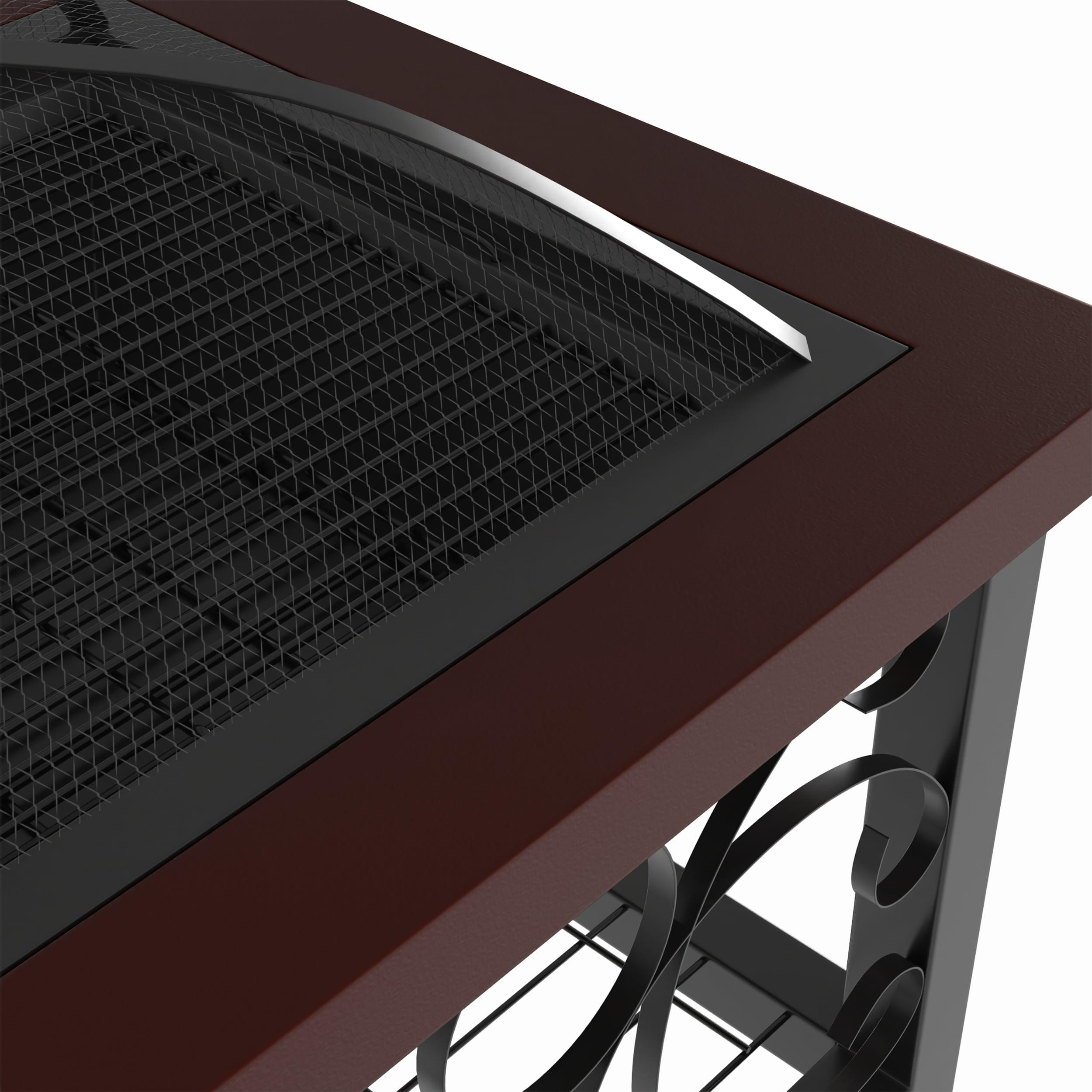 Fire Sense Fire Pit Cocktail Square Table Wood Burning Mesh Spark Screen Wood Grate with Storage Rack – Hammered Bronze Finish