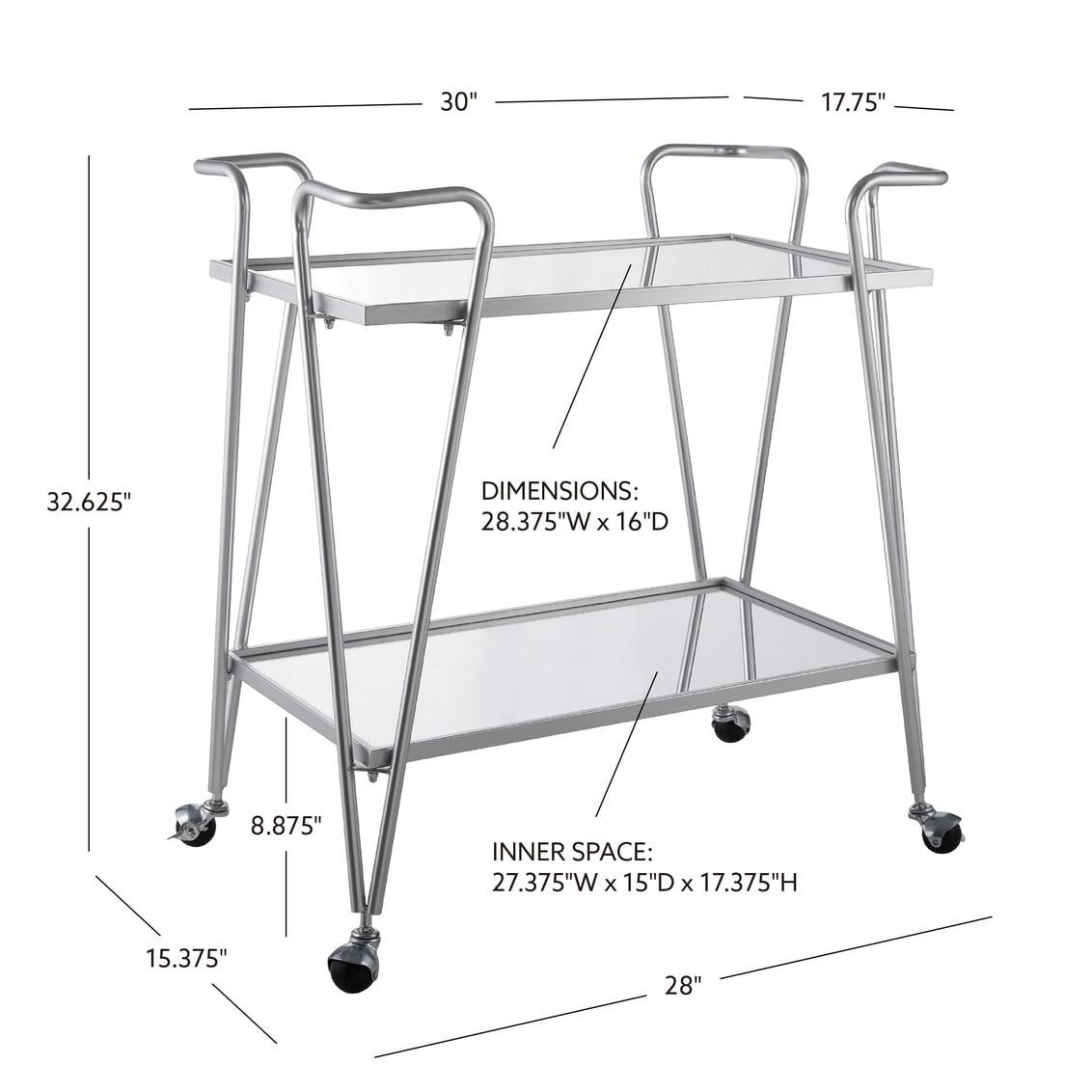 Mid-Century Modern Metal Frame 2 Mirrored Spacious Glass Shelves Locking Wheels Bar Cart Silver - Linon