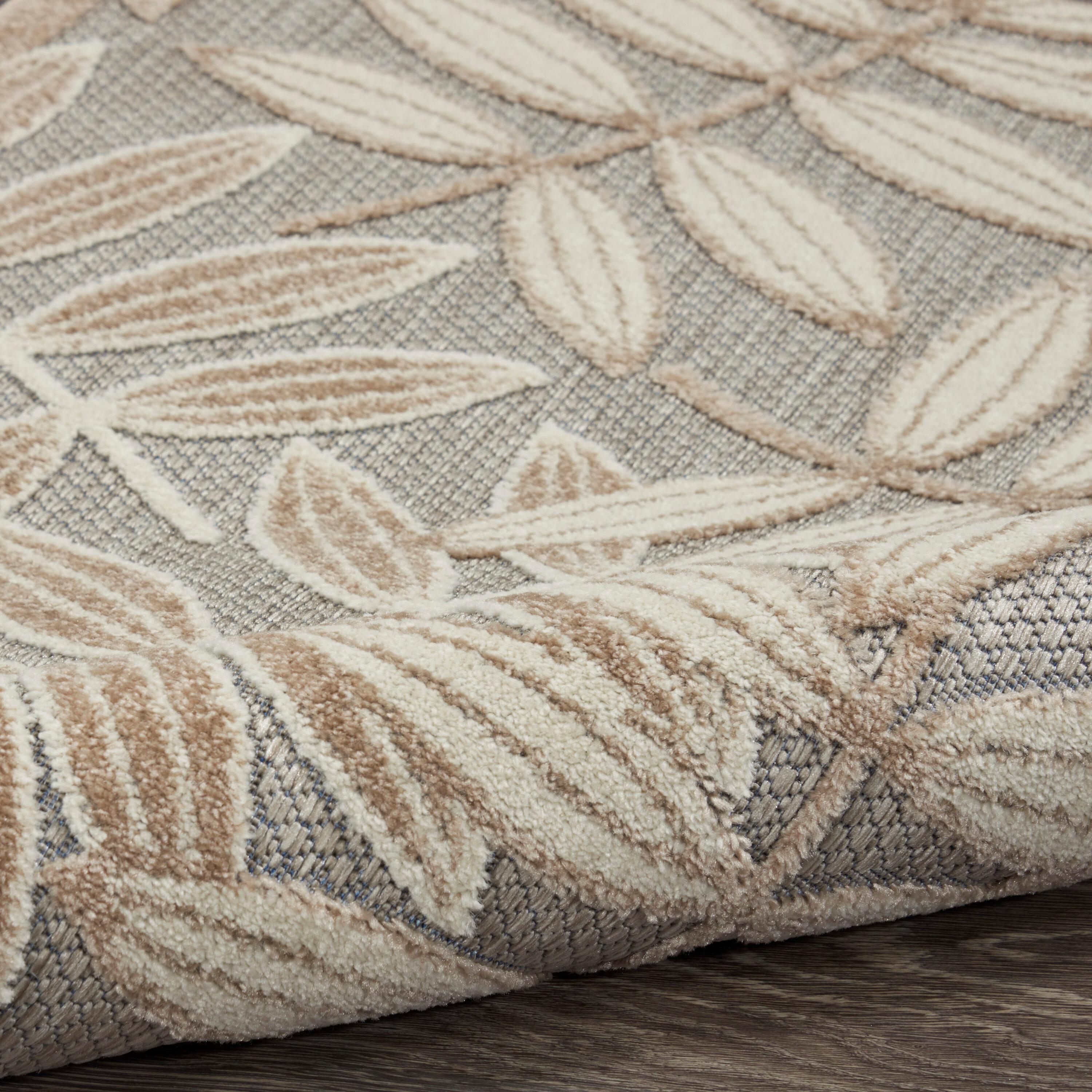 Nourison Aloha Floral Leaf Flatweave High-Low Indoor Outdoor Round Rug Natural 5'3" x 5'3"