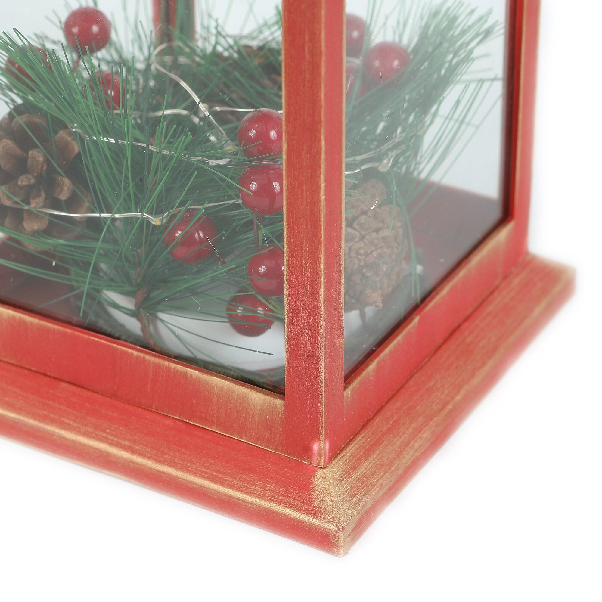 LuxenHome Lighted Berry and Pinecone Rustic Red Lantern Holiday Decoration, Tabletop and Centerpiece, Battery-Operated