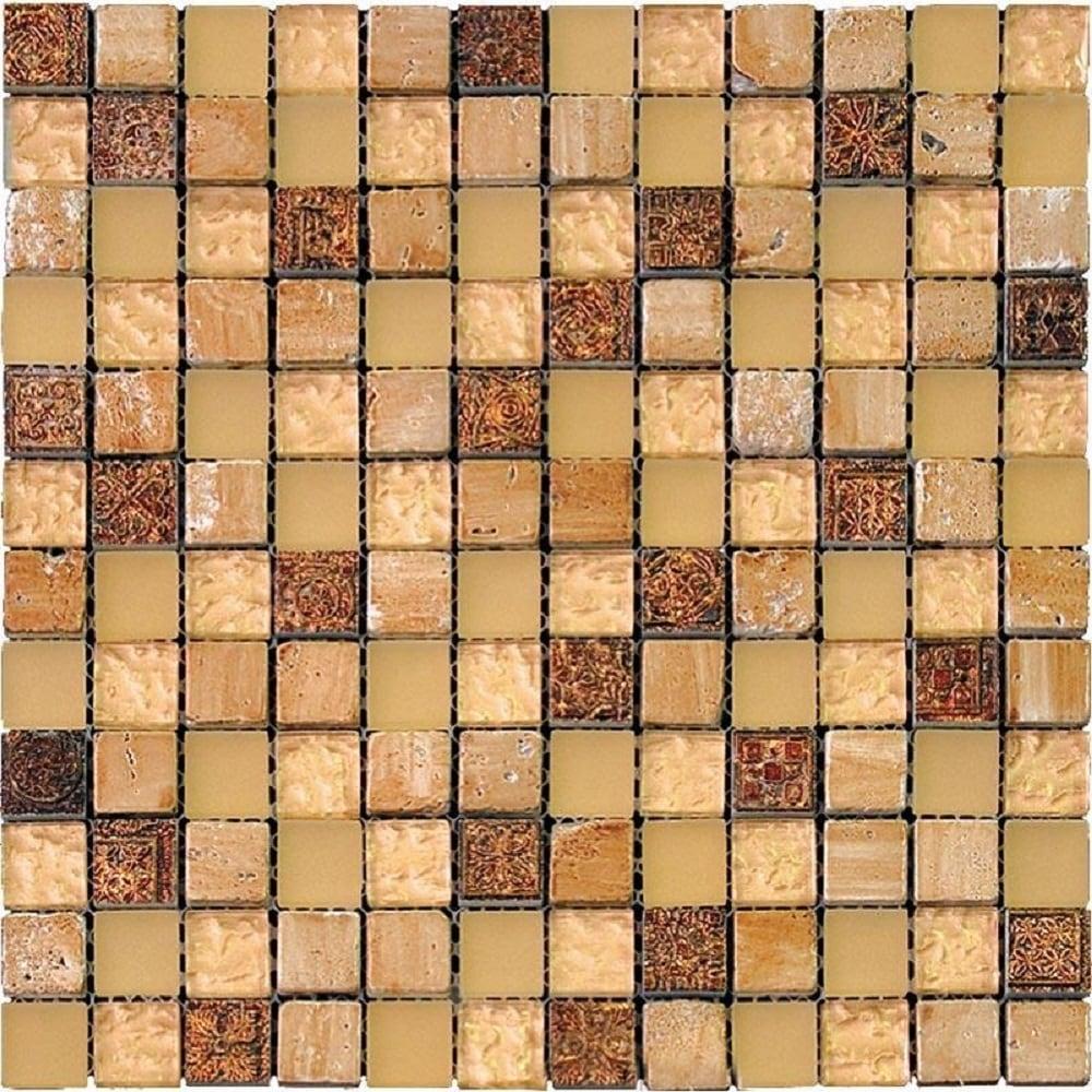 Beige and Brown Polished Glass and Stone Mosaic Tile