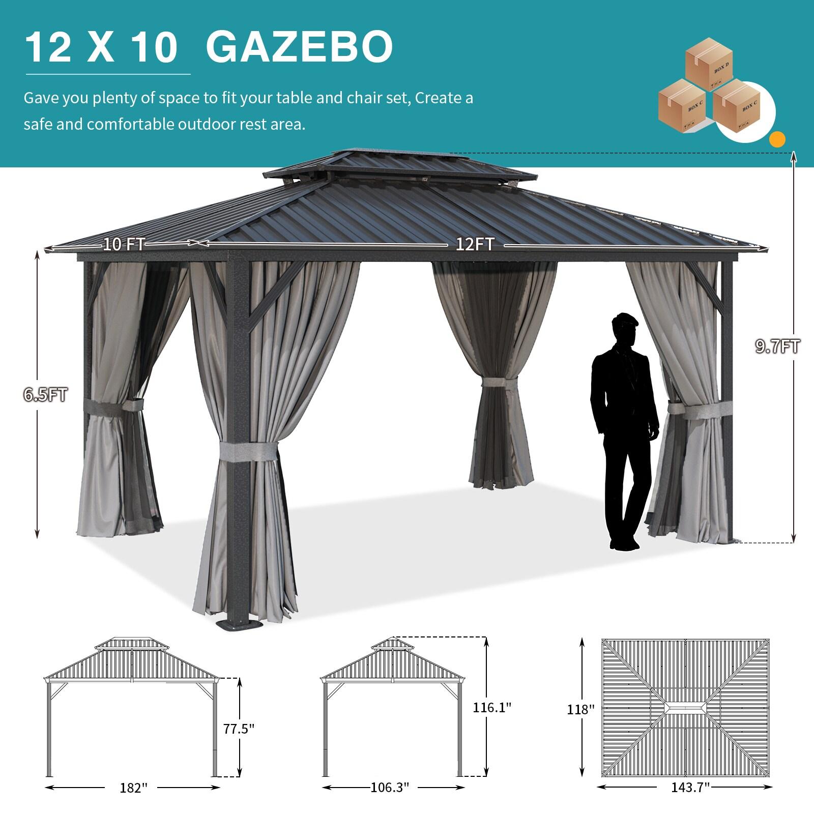 Sunmthink 10x12 ft. Hardtop Gazebo with Mosquite Netting, Double Metal Roof for Lawn and Garden, Brown