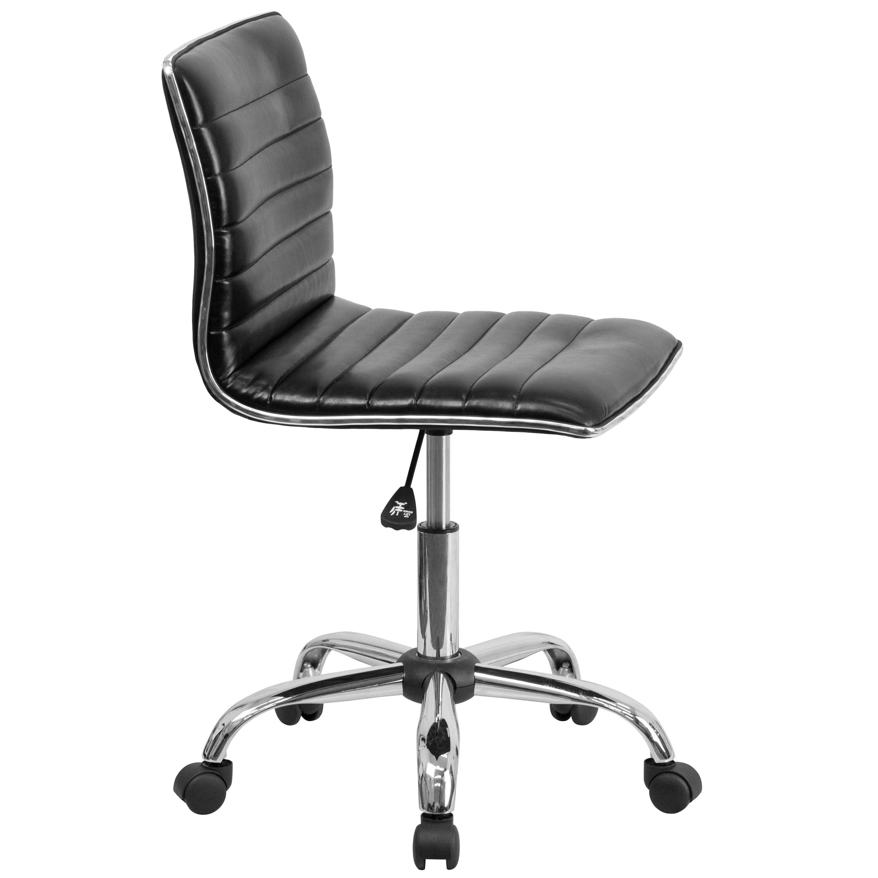 QueelQuest Adjustable Task Chair PU Leather Low Back Ribbed Armless Swivel Black Desk Chair Office Chair Wheels (Black)