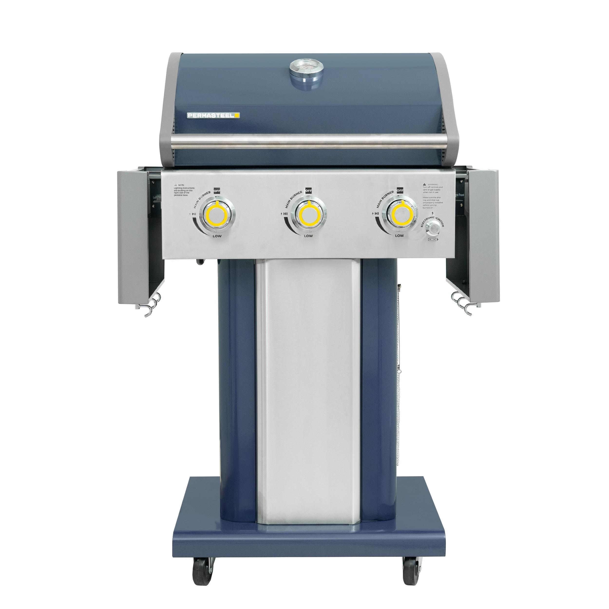 Permasteel 3-Burner Compact Propane Gas Grill with Foldable Side Tables and Grilling Tool Hooks