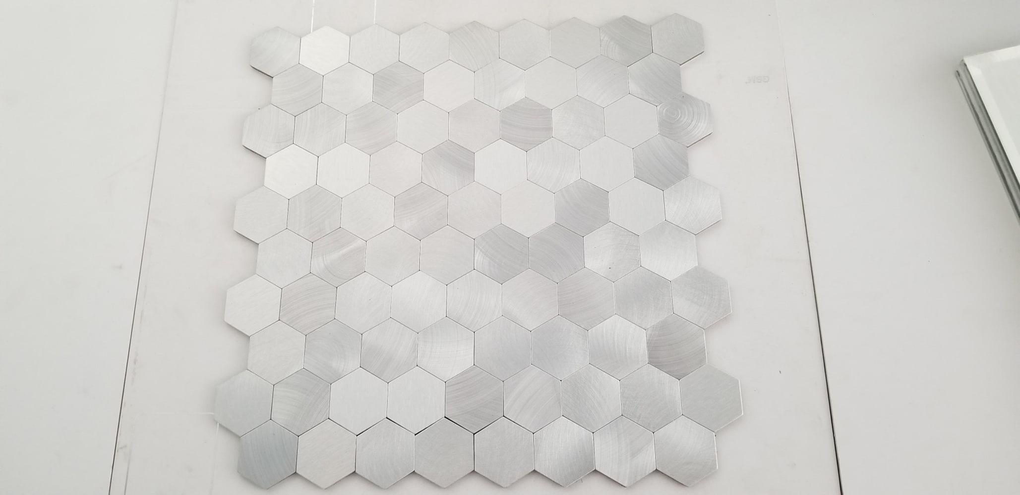 Abolos- Enchanting Hexagon Wall Backsplash 1.5" x 1.5" Peel and Stick Metal Mosaic Tile in Silver (19.80sqft / 22pc Box)