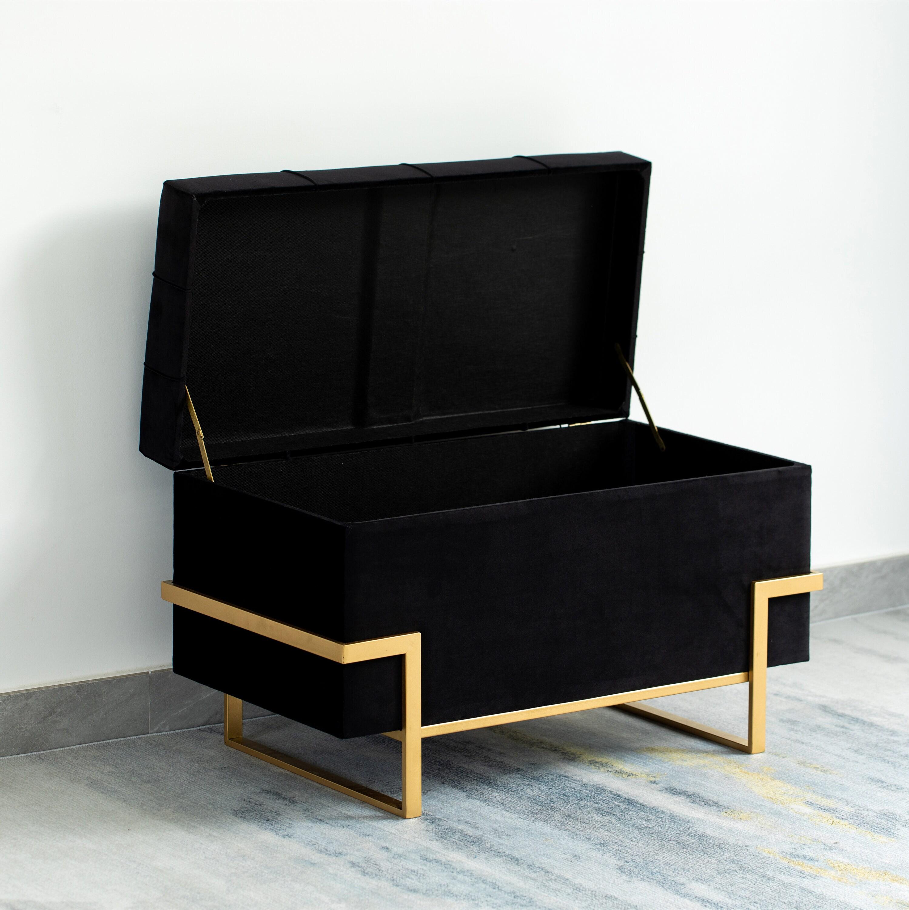 Fabulaxe Rectangle Velvet Storage Ottoman with Abstract Golden Legs | Sitting Bench for Living Room Home Decor with Unique Base Support (Black Large)