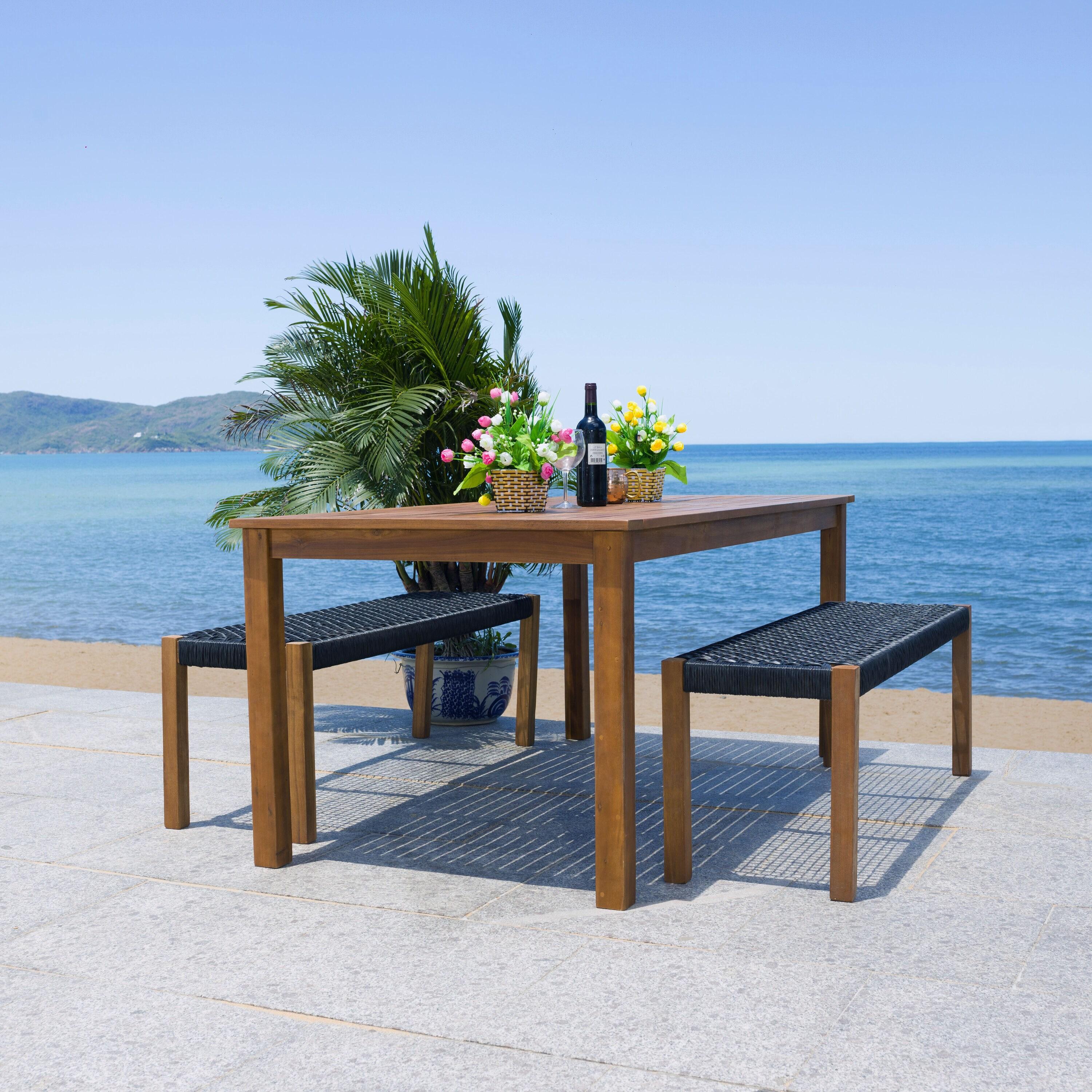 Aquina Patio Outdoor Dining Bench Set - Natural/Black  - Safavieh.