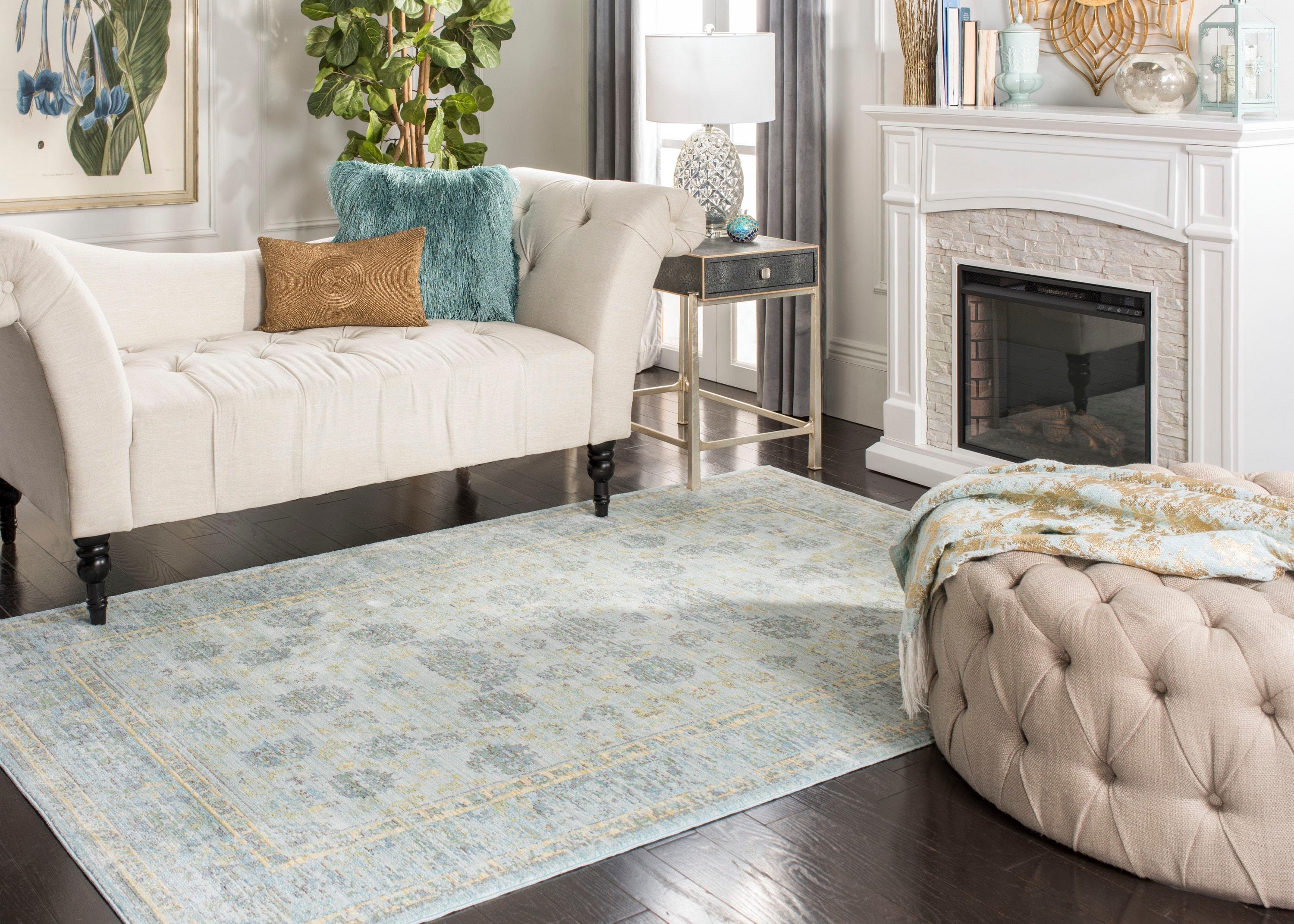 SAFAVIEH Valencia Cionadogh Floral Bordered Polyester Area Rug, Light Blue/Turquoise, 4' x 6'
