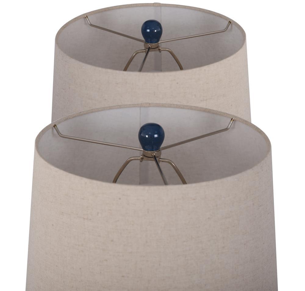 Set of 2 Cloverfield Ceramic Table Lamps Navy Blue - StyleCraft: Botanical Pattern, White Linen Shade