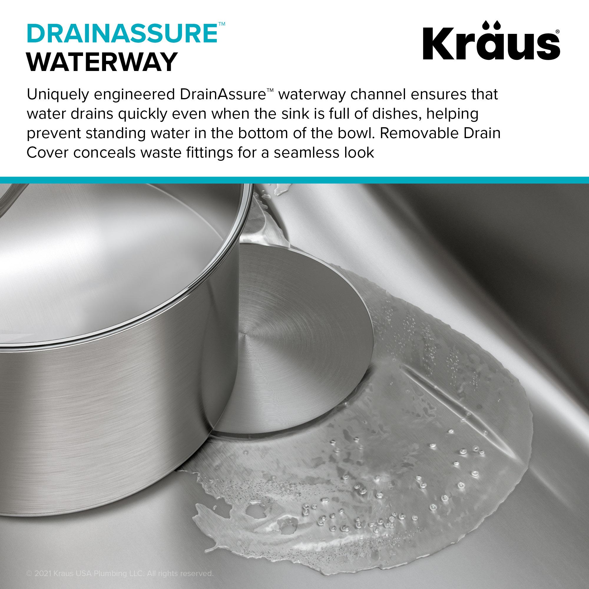 Dex™️ Series KRAUS 25-inch L Undermount Single Bowl TRU16 Gauge Stainless Steel Kitchen Sink with DrainAssure WaterWay