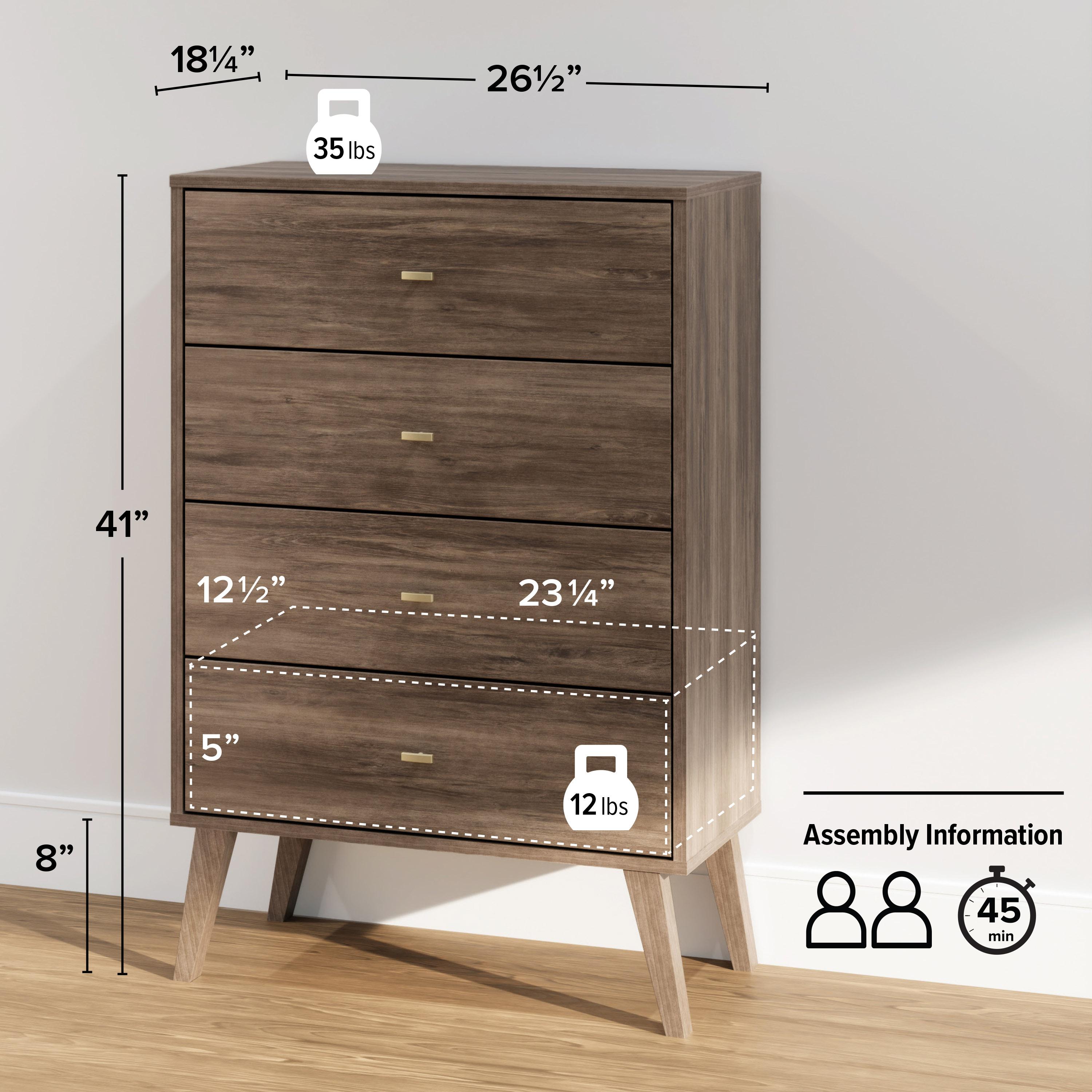 Mid-Century Modern 4 Drawer Chest Drifted Gray - Prepac: Sleek Bedroom Storage, Brass Knobs