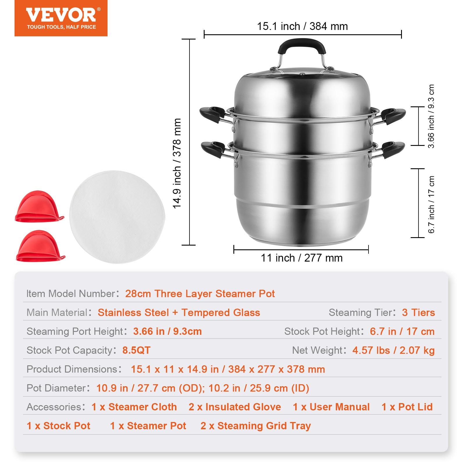 Stellweilan Tessberg Steamer Pot 11in/28cm, 3 Tier Steamer Pot for Cooking with 8.5QT Stock Pot, Vegetable Steamer & 2 Steaming Tray, Food-Grade 304 Stainless Steel Food Steamer Cookware for Gas Electric Stove Grill
