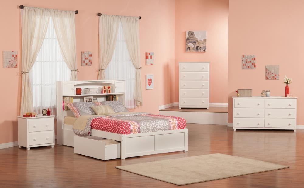 Newport Full White Wood Bookcase Bed with Storage Drawers